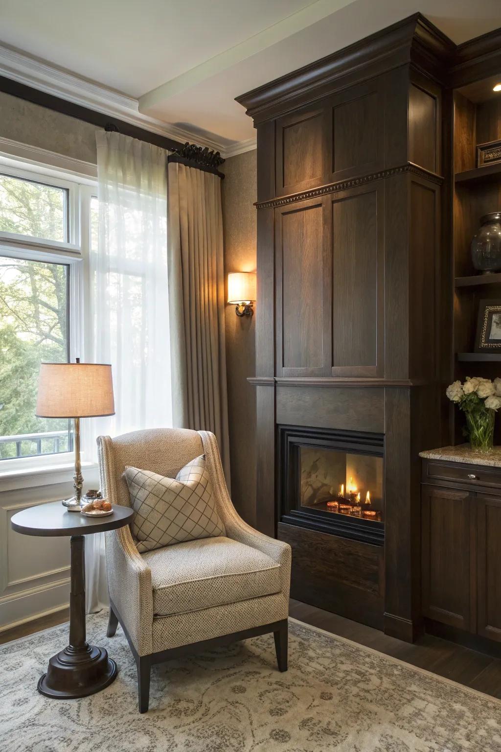 A snug retreat encourages relaxation by the fireplace.