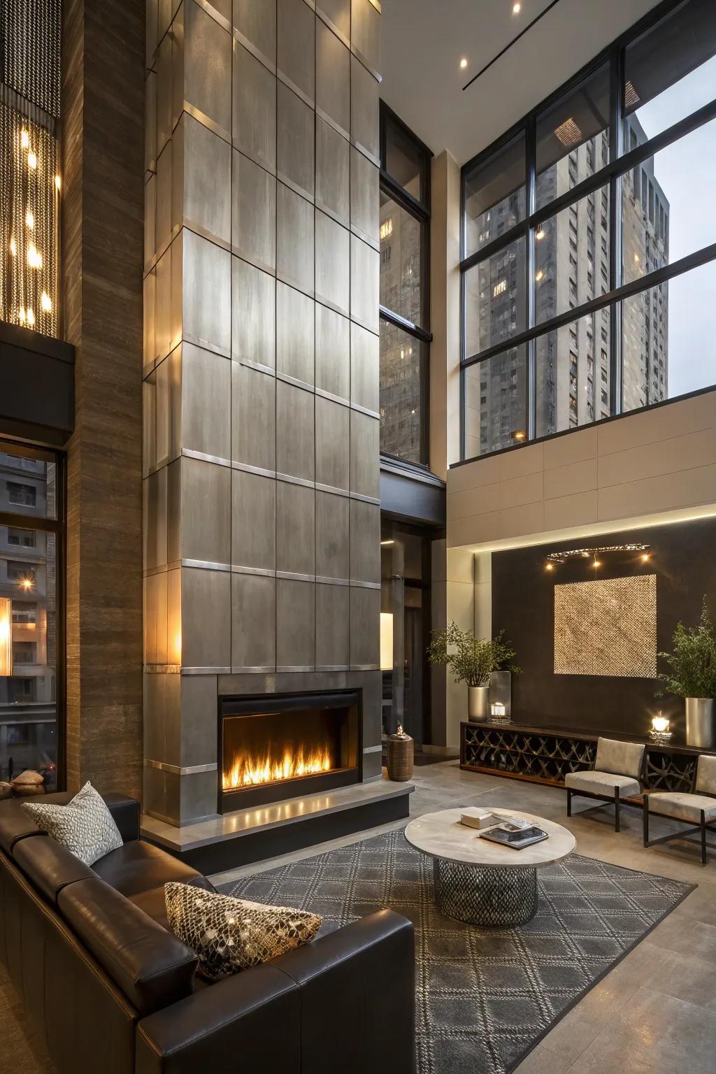 An urban loft showcasing a fireplace with sleek shiny paneling.