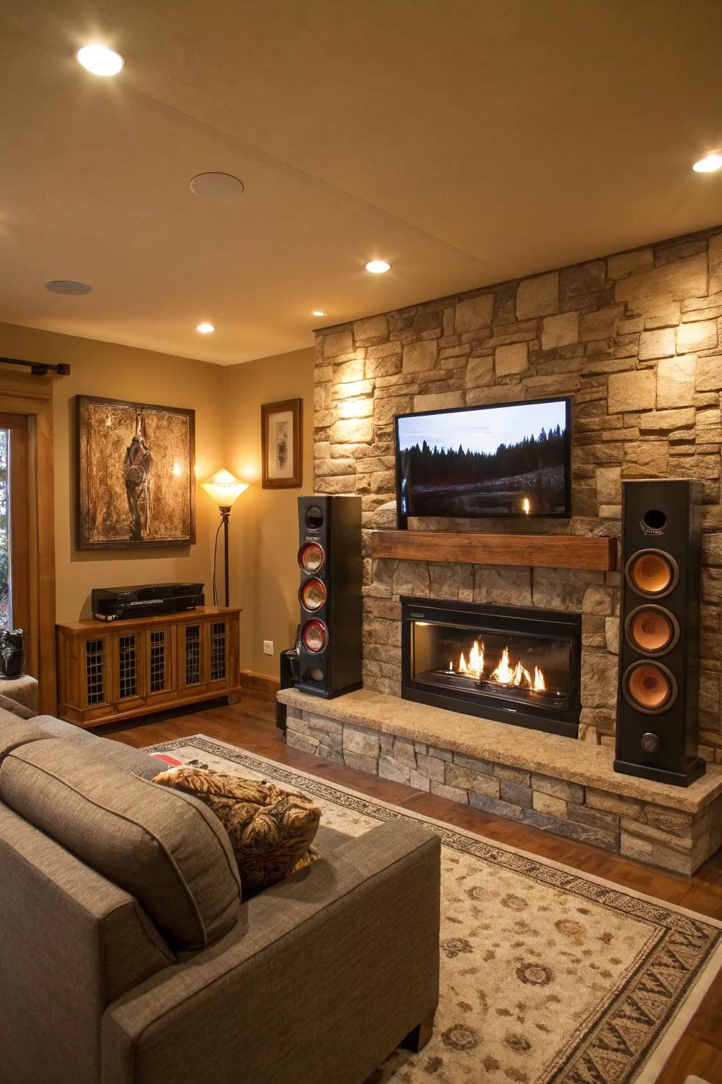 A family room presenting an incorporated sound reproduction system inside the fireplace wall.