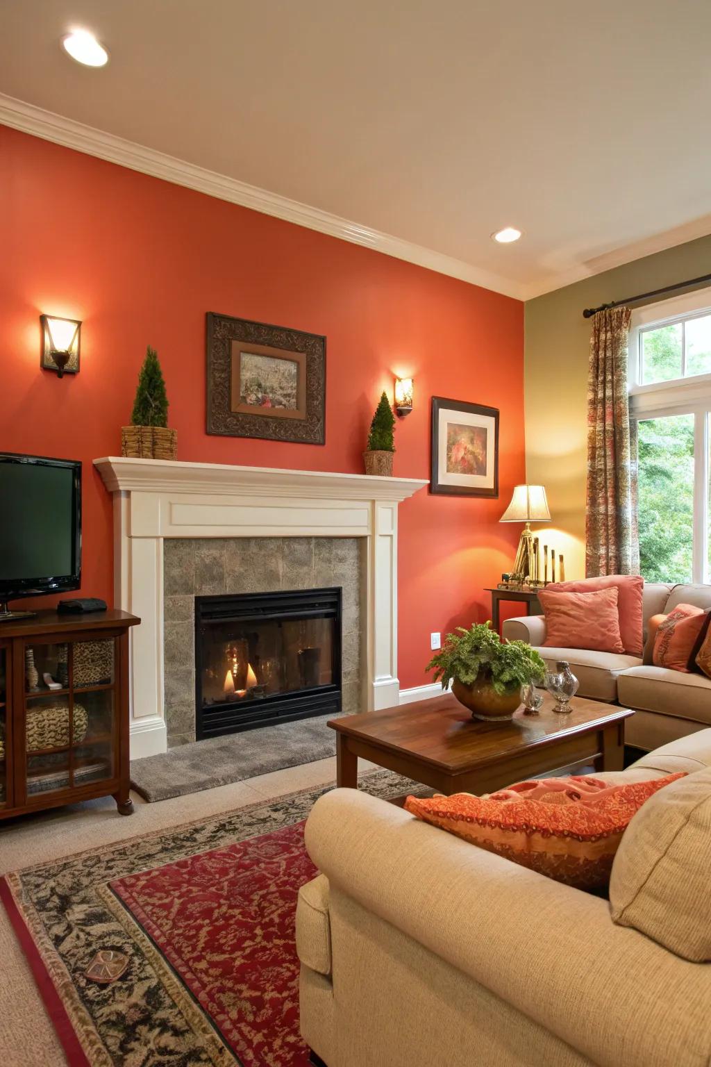 A dash of hue upon the fireplace wall enlivens the space.