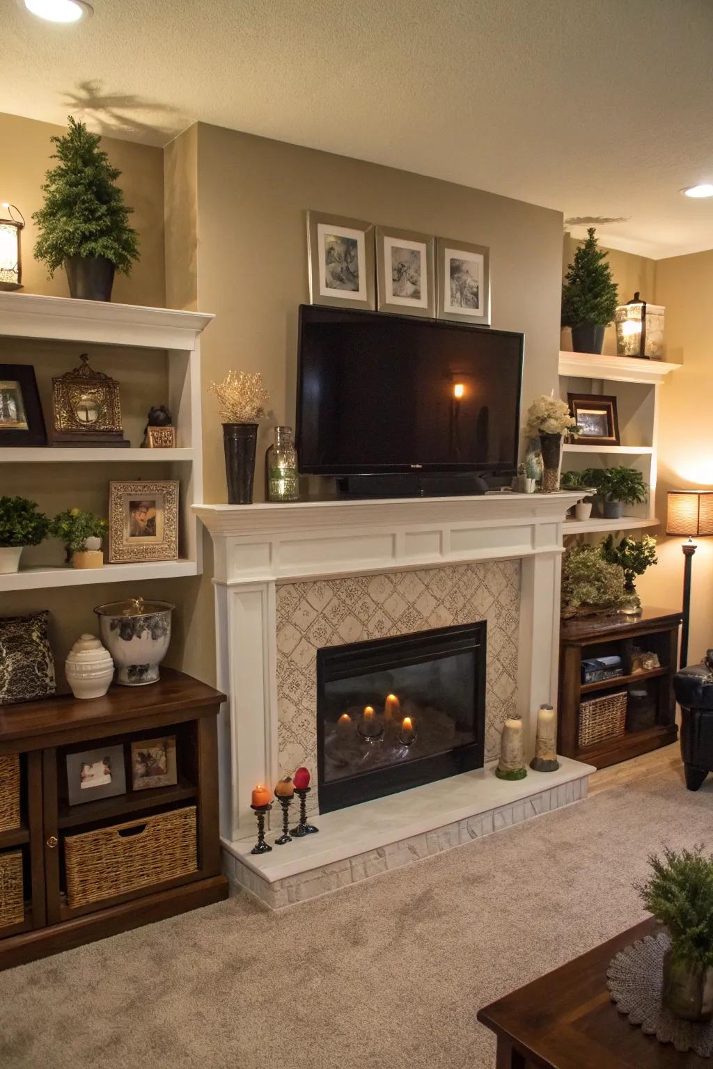 A tiered mantel with varied decor introduces interest to a lounge.