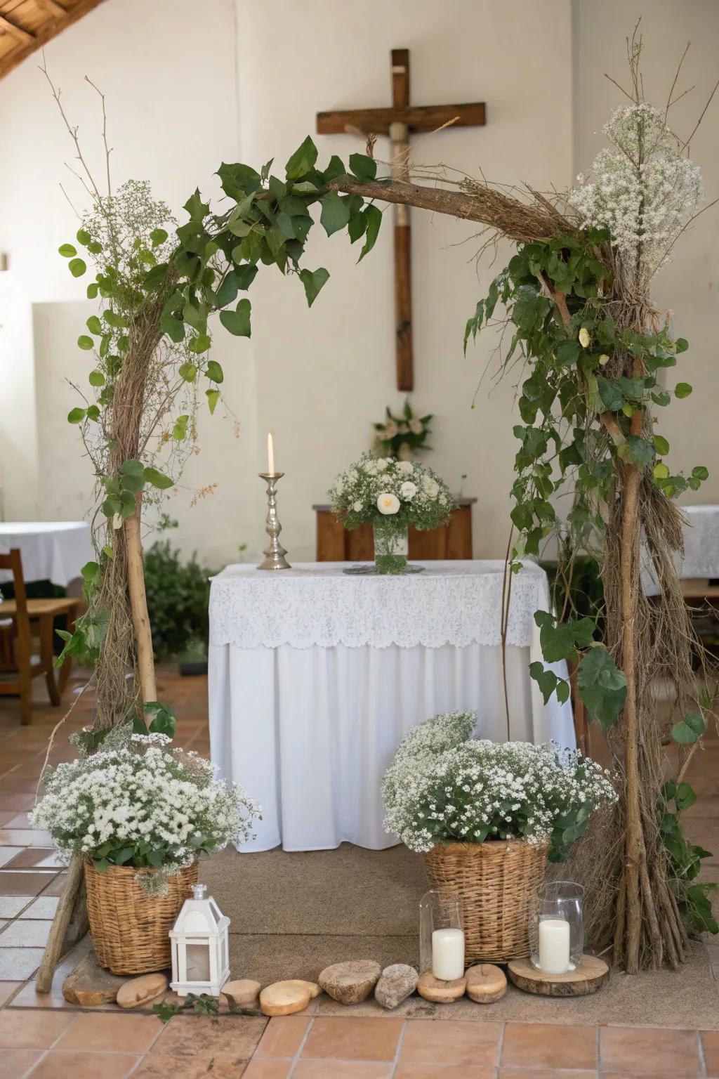 Nature-inspired embellishments bring a rustic and harmonious touch to the decor.