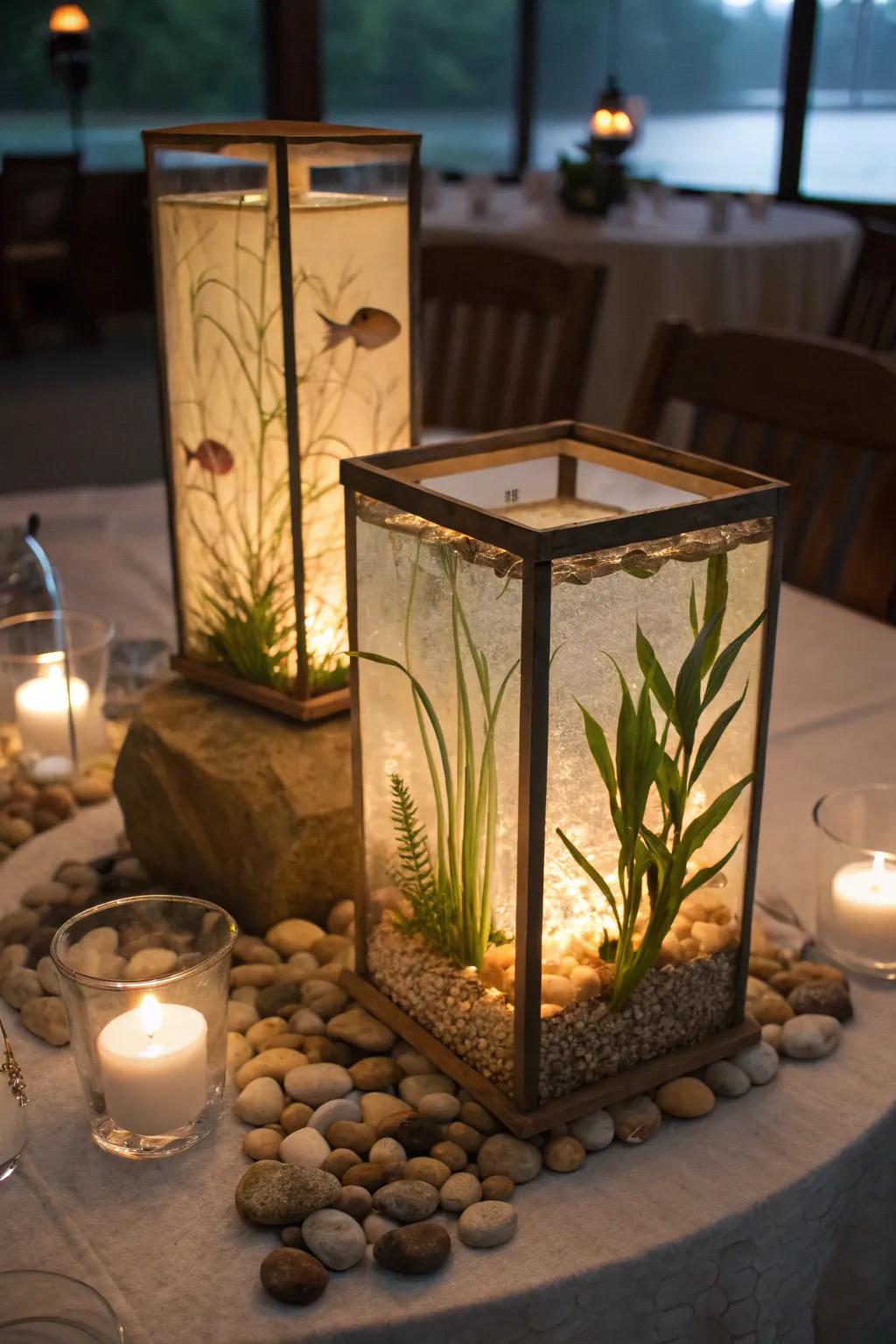 Aquatic-inspired lamps provide a subtle, welcoming radiance.