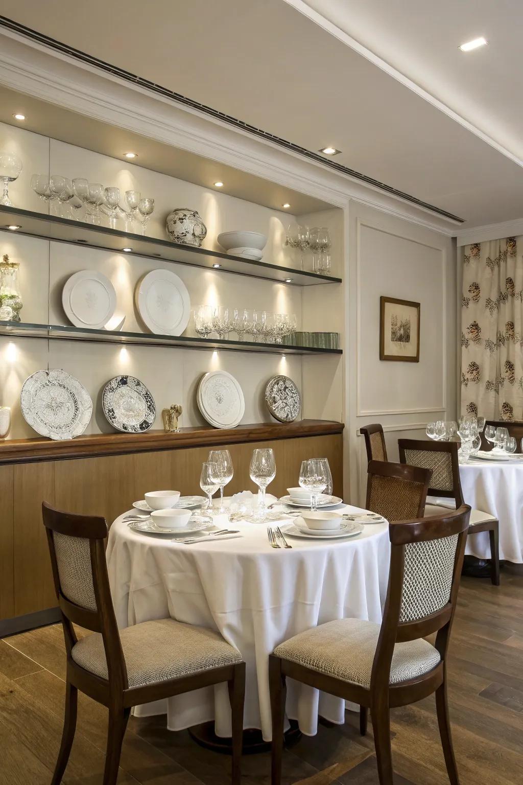Hanging racks imparting refinement to the dining area.