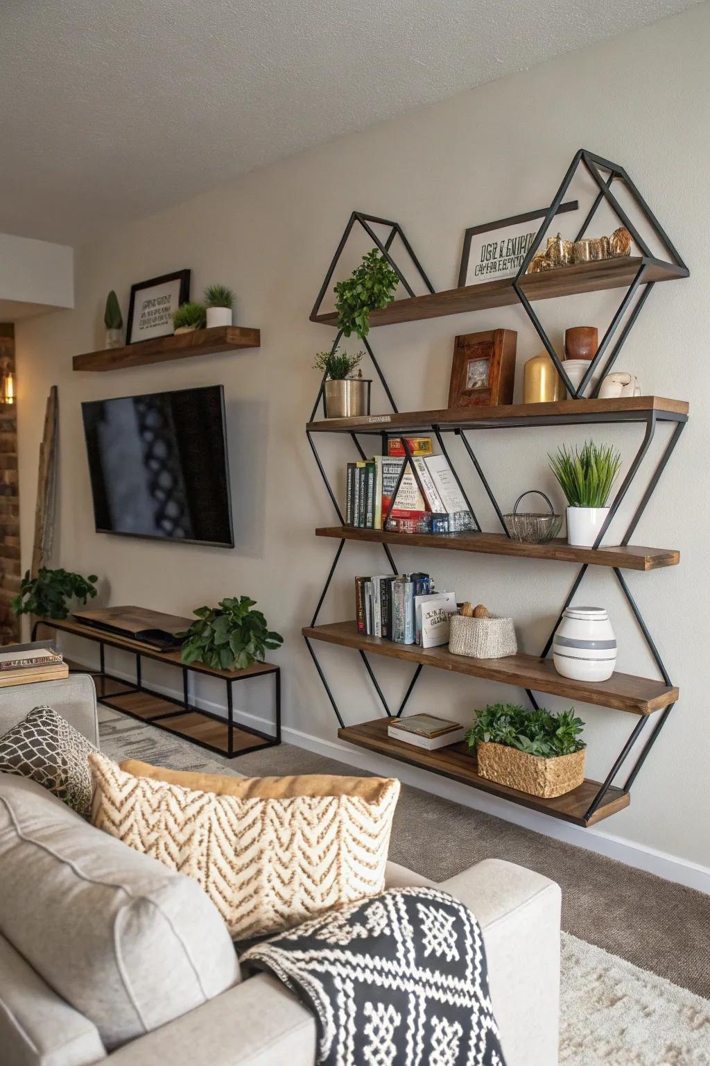 Artistic appeal of a geometric pattern of floating shelves
