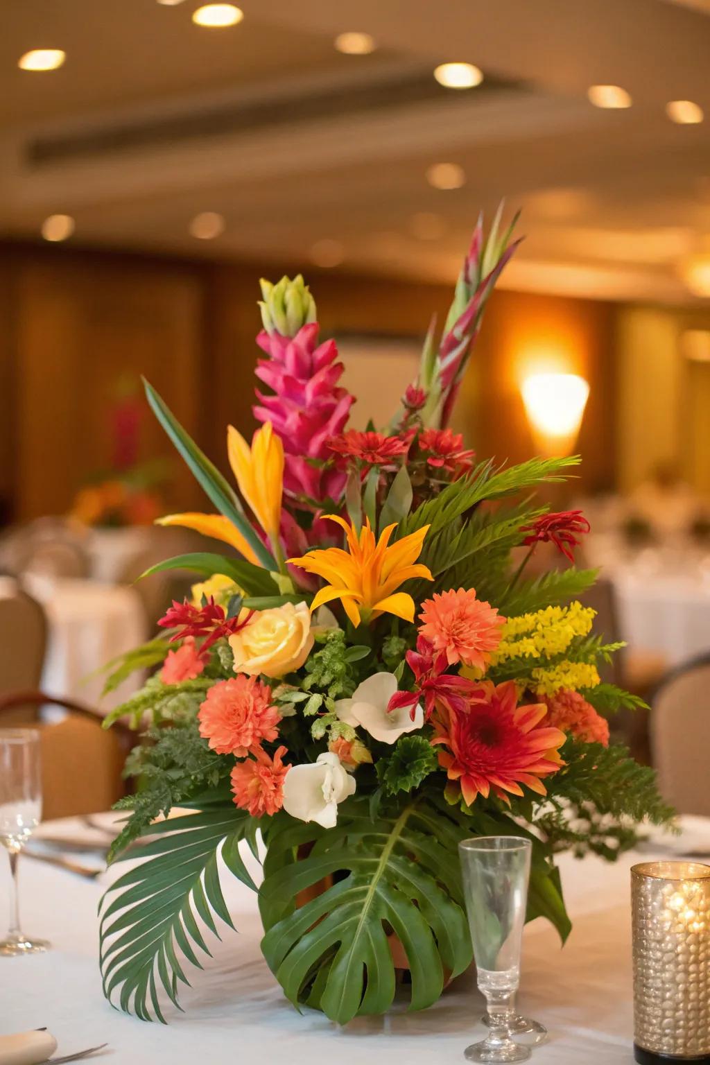 A tropical floral centerpiece with vibrant flowers on a table.