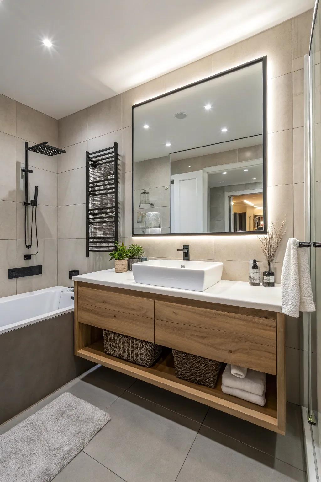 Hanging consoles create a modern and spacious feel.