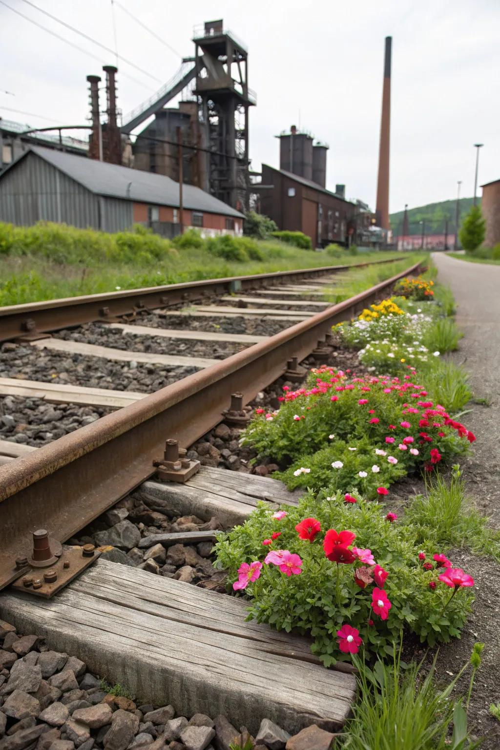 Railroad supports provide a robust and industrial flower bed border.
