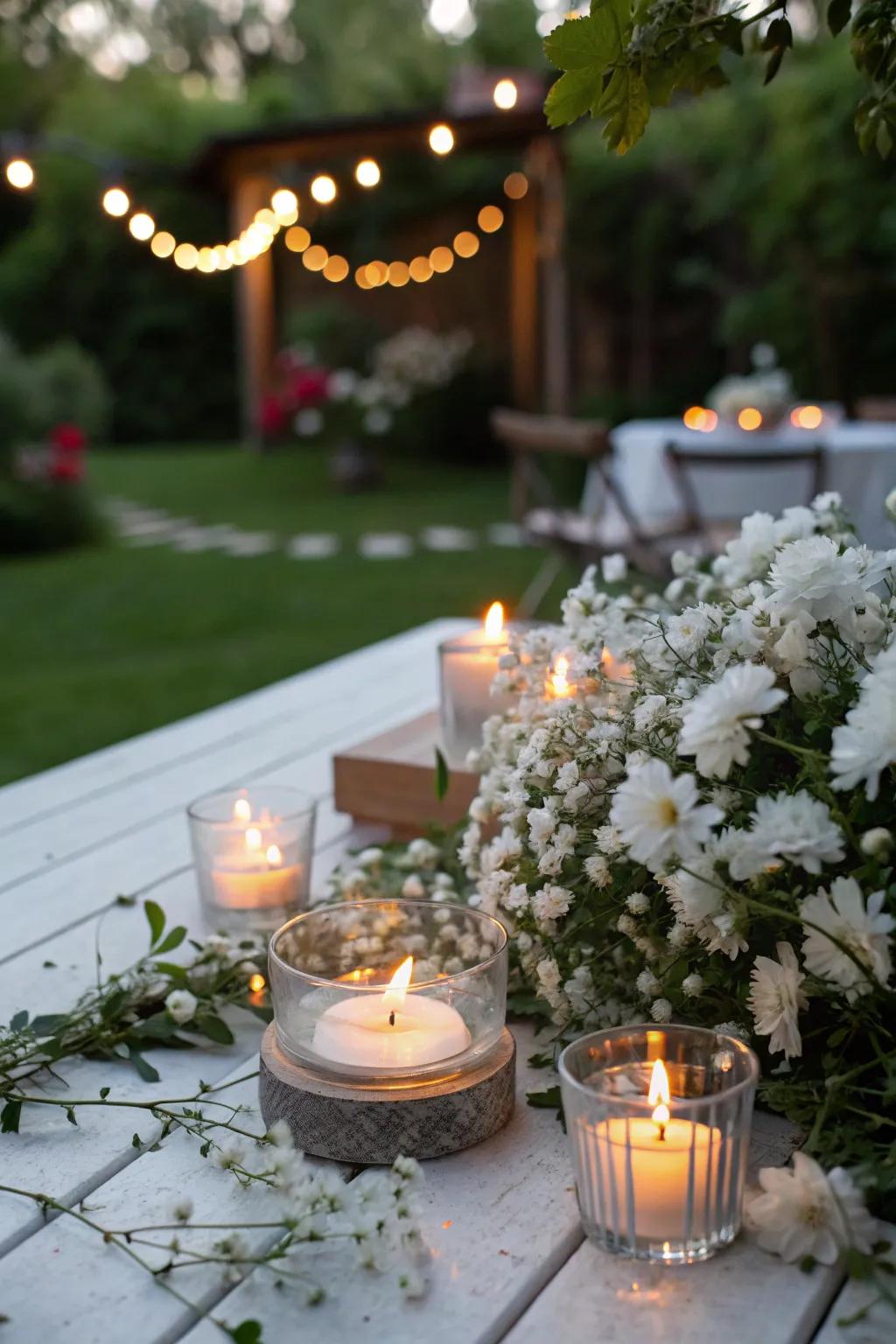 Ivory flowers enhancing petite illumination pieces for al fresco gatherings.