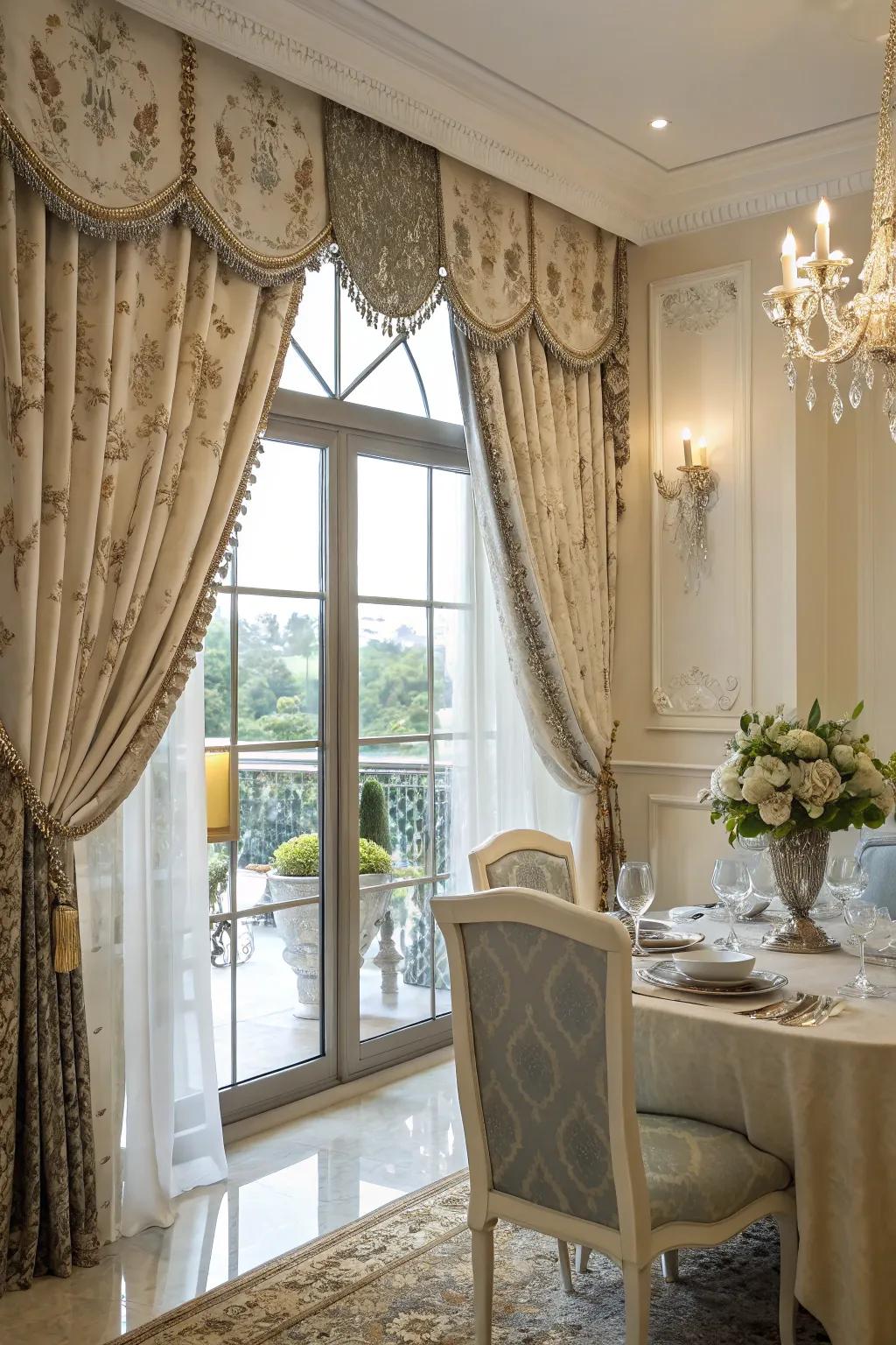 Decorative tiebacks add style and detail to the curtains in this dining room.