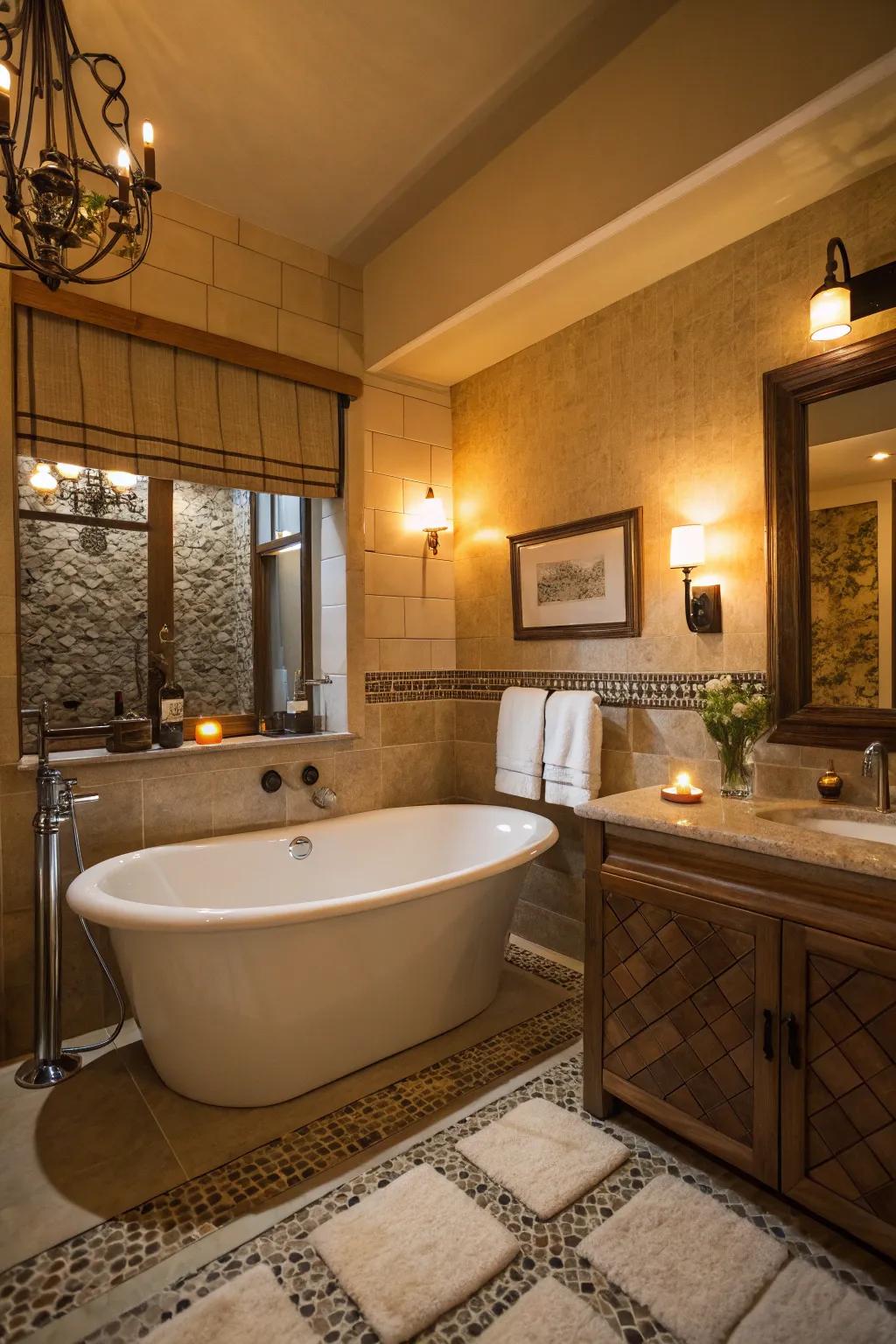 Warm ambient lighting enhancing the mood of a bathroom with a freestanding tub.