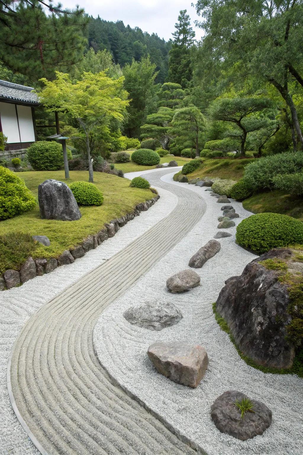 A tranquil Zen garden path directing to a serene home entry.