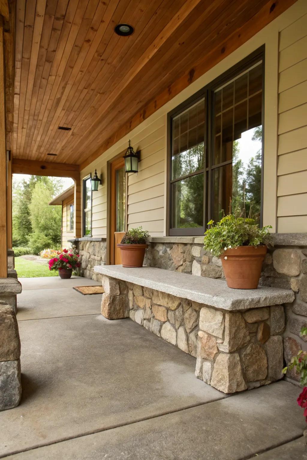 A natural stone base gives any bench an earthy feel.