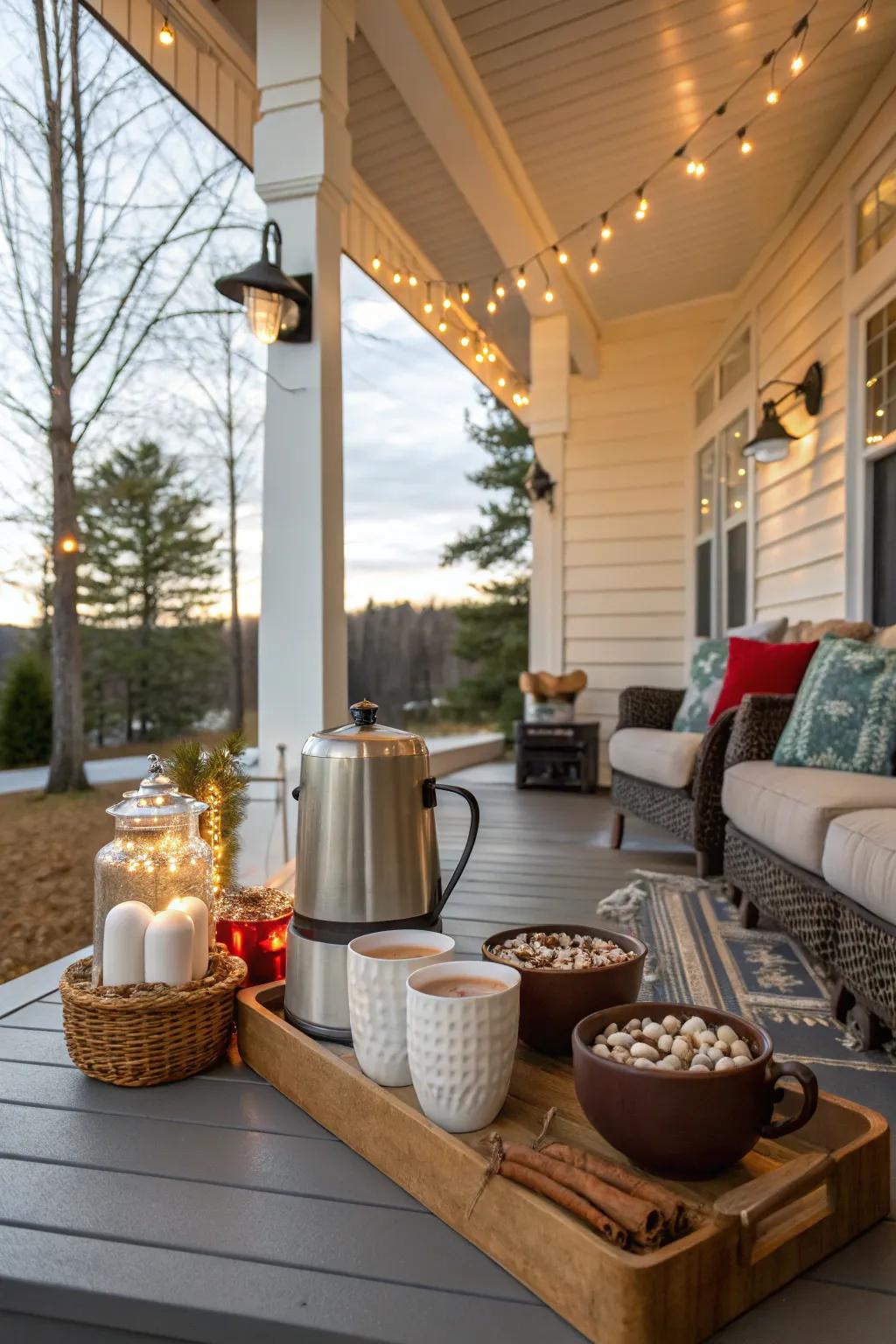 A steaming cocoa depot contributes warmth and generosity upon your deck.