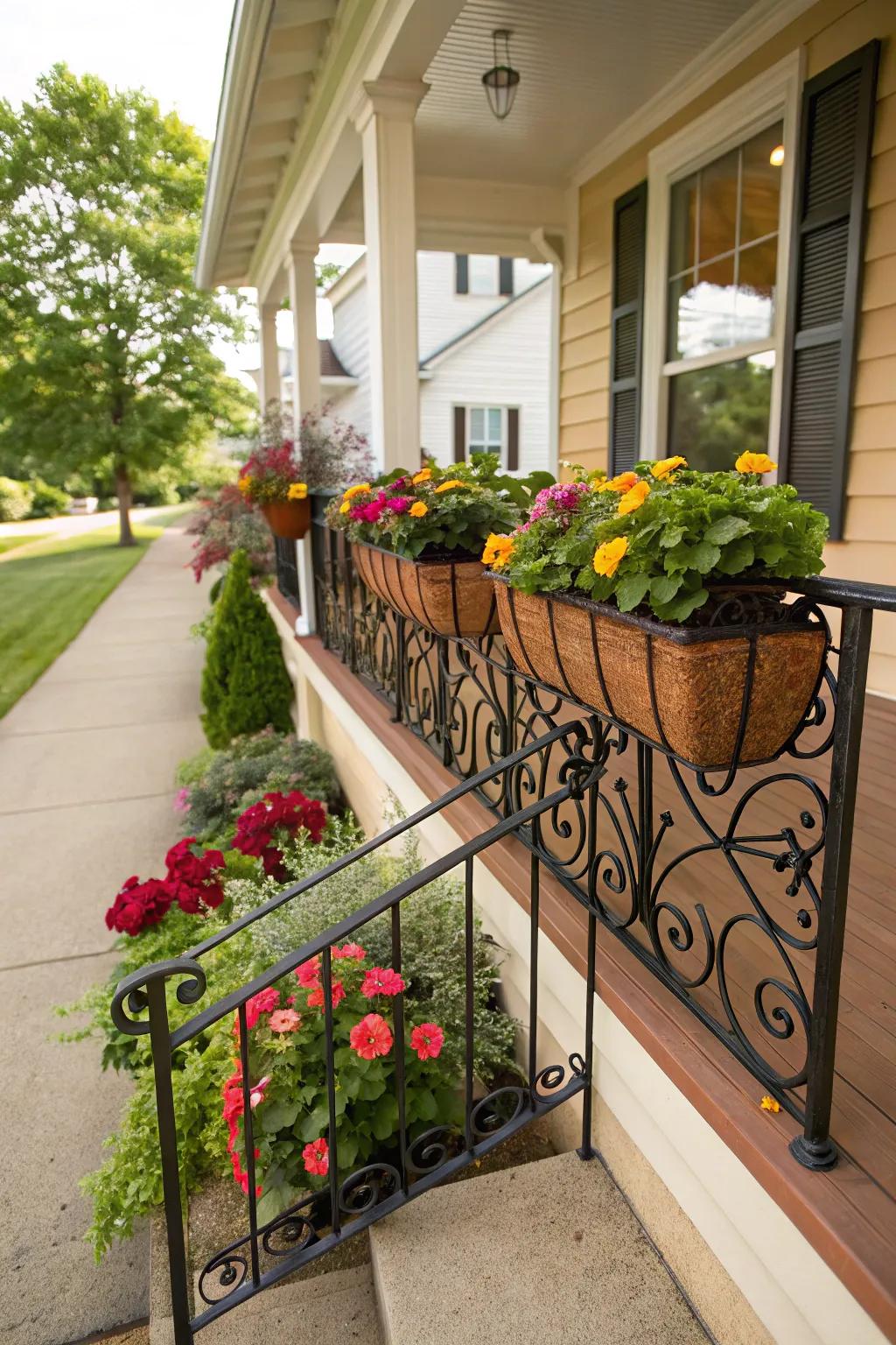 Flower beds integrated into metal railings for added greenery.