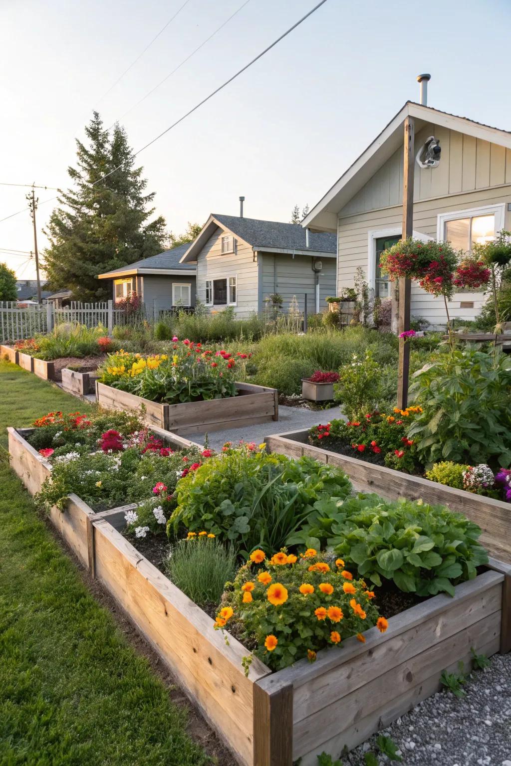 Neatly arranged raised beds contributing arrangement to a nook.