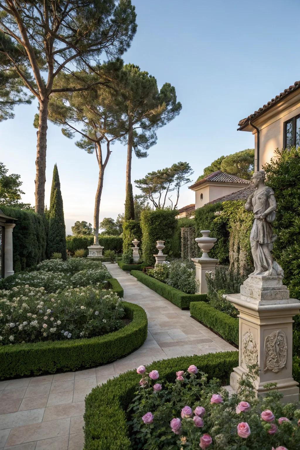 Sculptures contribute an artistic touch within the courtyard.
