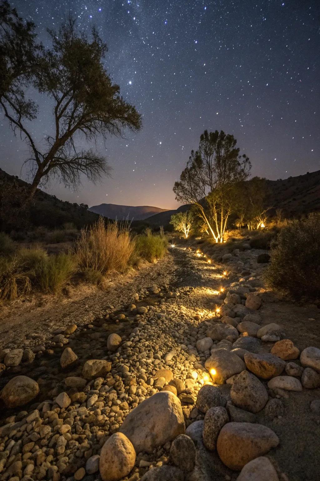 LED bulbs bring a magical glow to your faux stream bed at night.