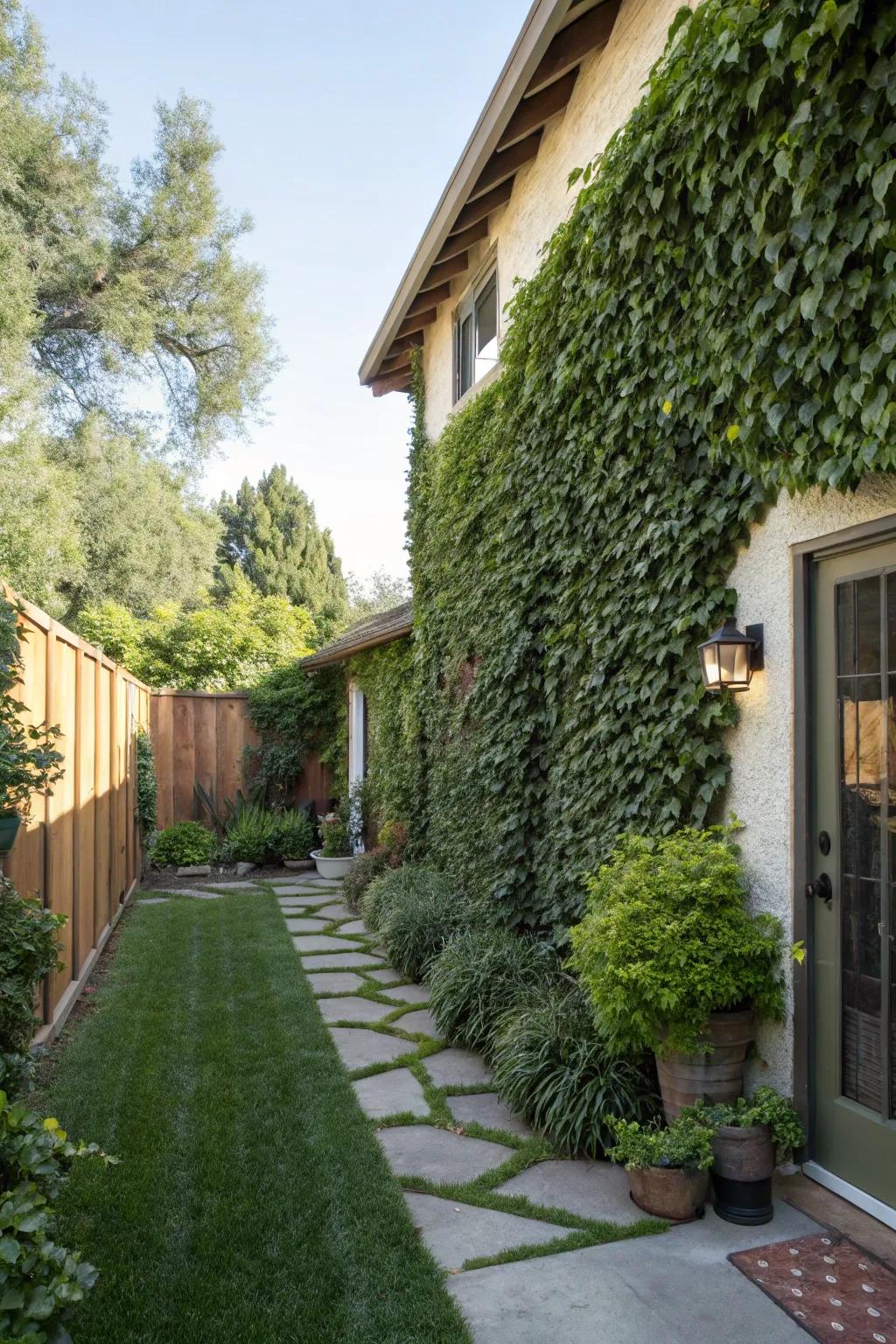 The landscape gains vertical interest from evergreen climbers.