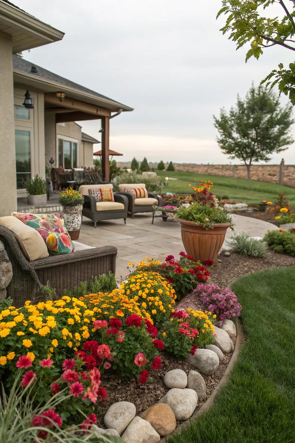 Create a cozy seating area to enjoy your flower beds.