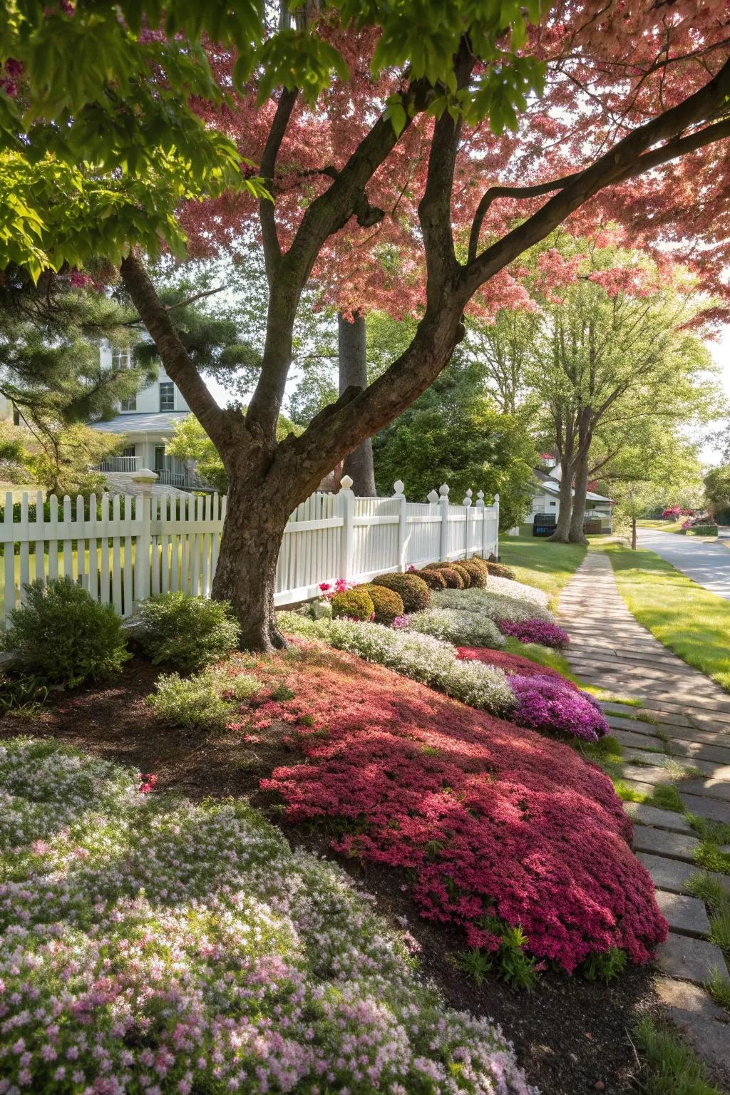 Vibrant ground covers deliver a radiant underlayer to the Japanese maple.