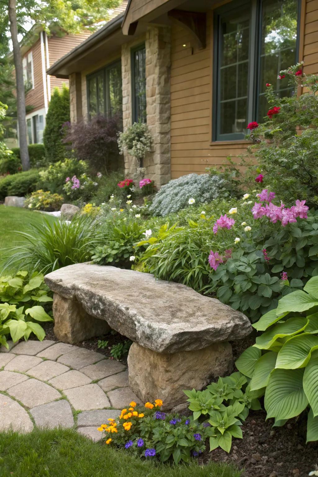 A stone bench delivering a native seating space in a front garden design.