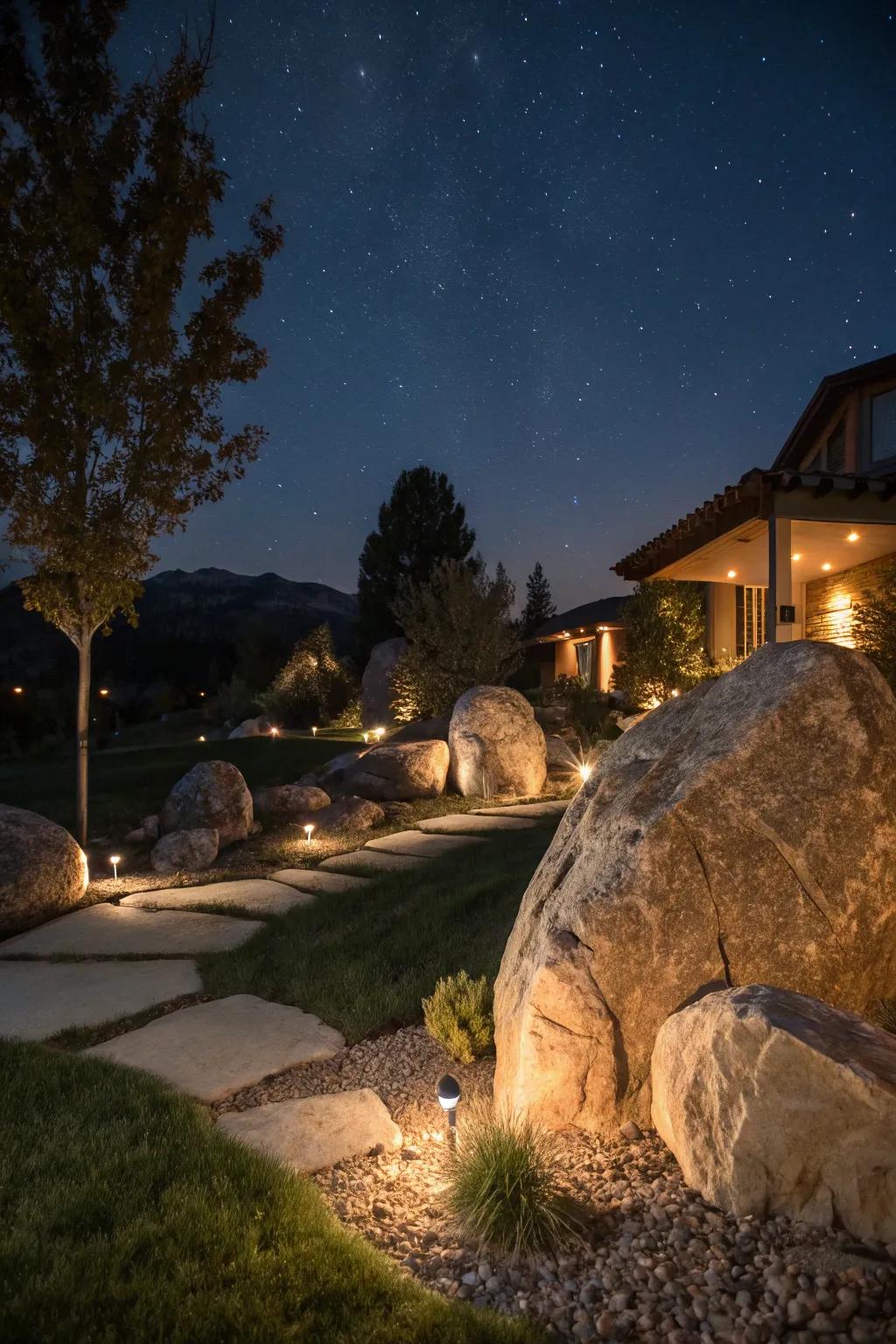 Create dramatic lighting results by illuminating large stones.