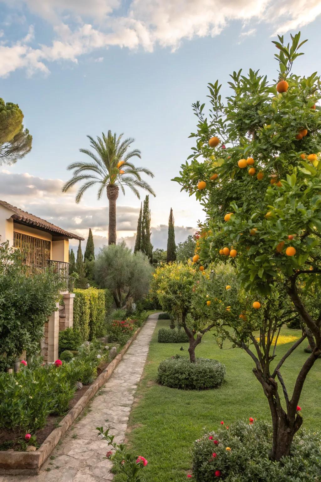 Fruit trees like citrus and garnet add beauty and abundance to this landscape.