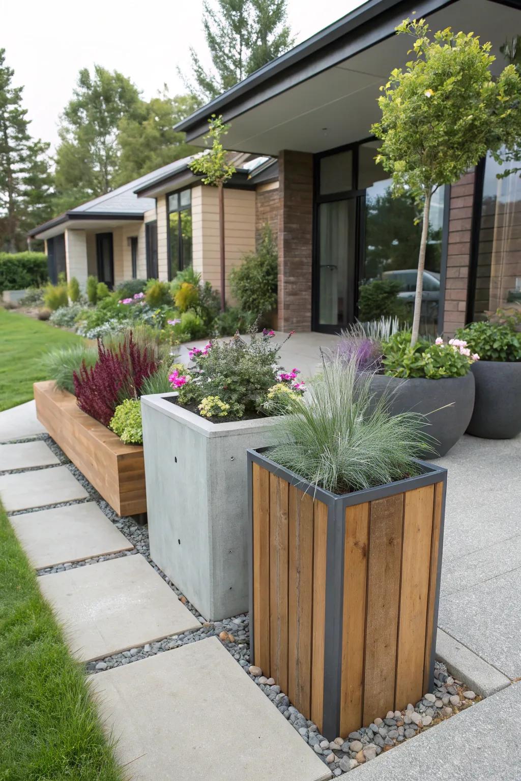 Personalized containers bring distinctive style to contemporary lawns.