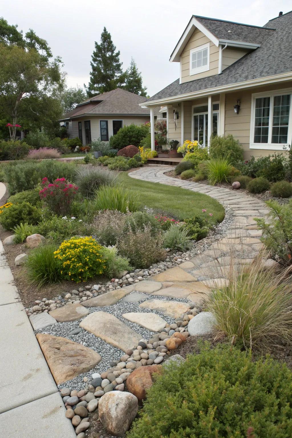 Permeable walkways promote sustainability within xeriscape designs.