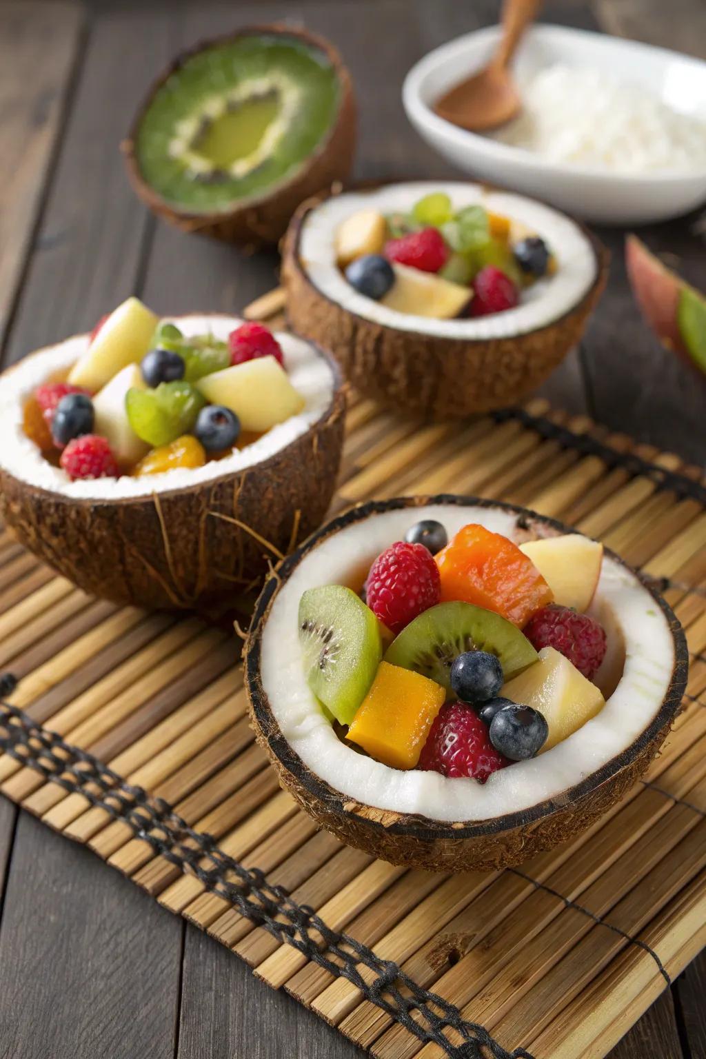 Cocos nucifera bowls offer a tropical and eco-friendly serving alternative.