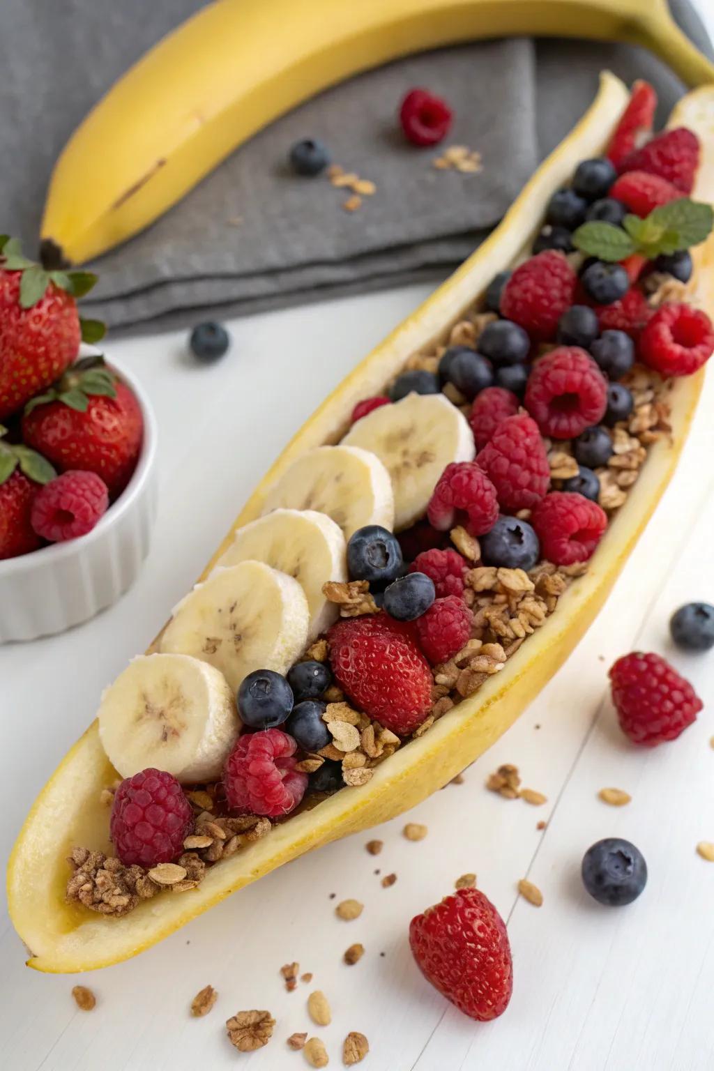 A playful banana boat fruit arrangement ideal for breakfast.