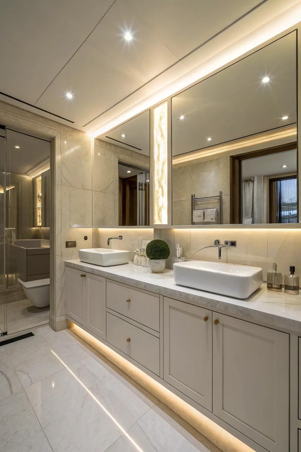 Concealed illumination engenders a cozy, luxurious radiance throughout the bathroom.
