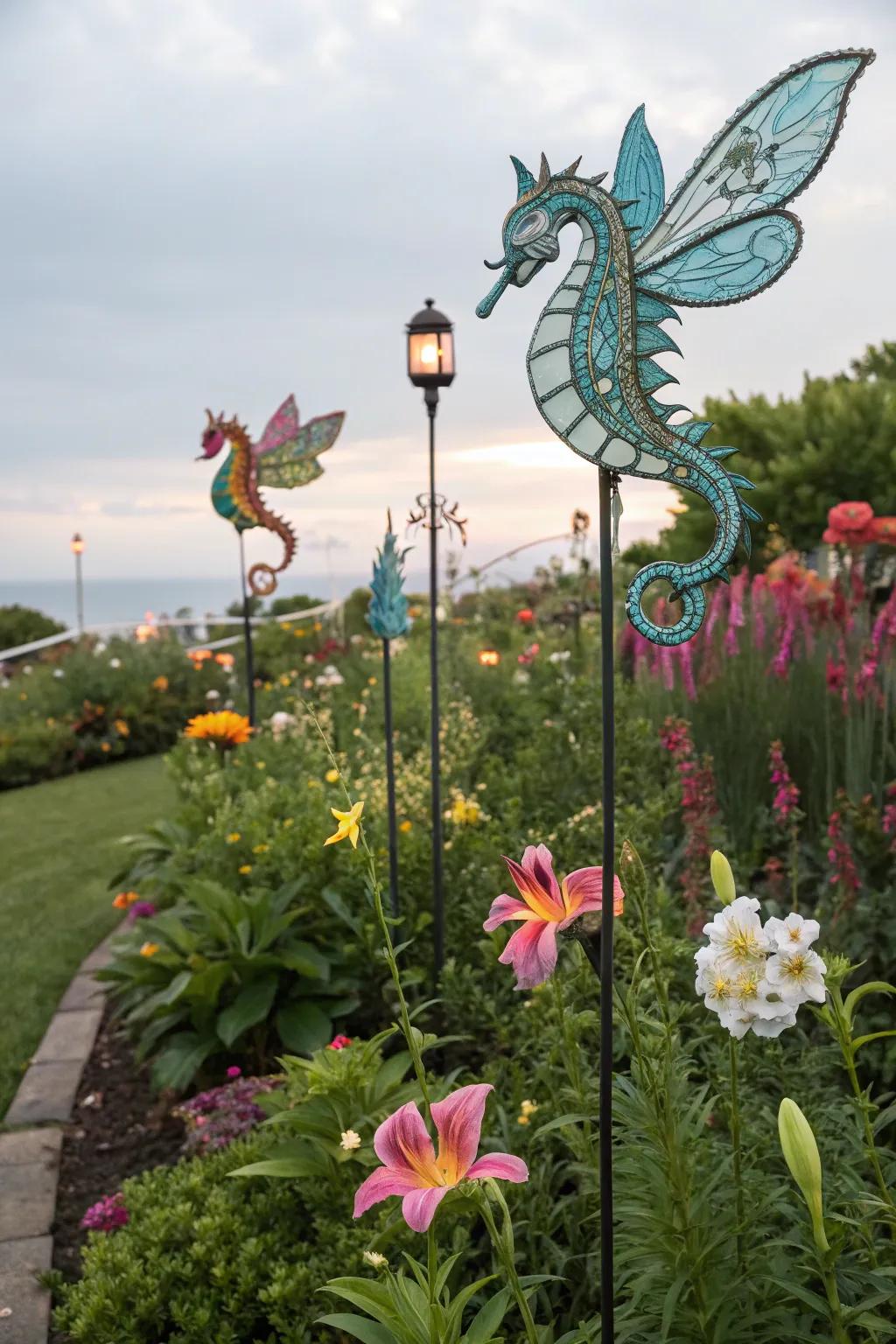 Mythical beings adding a fantastical element to the garden.