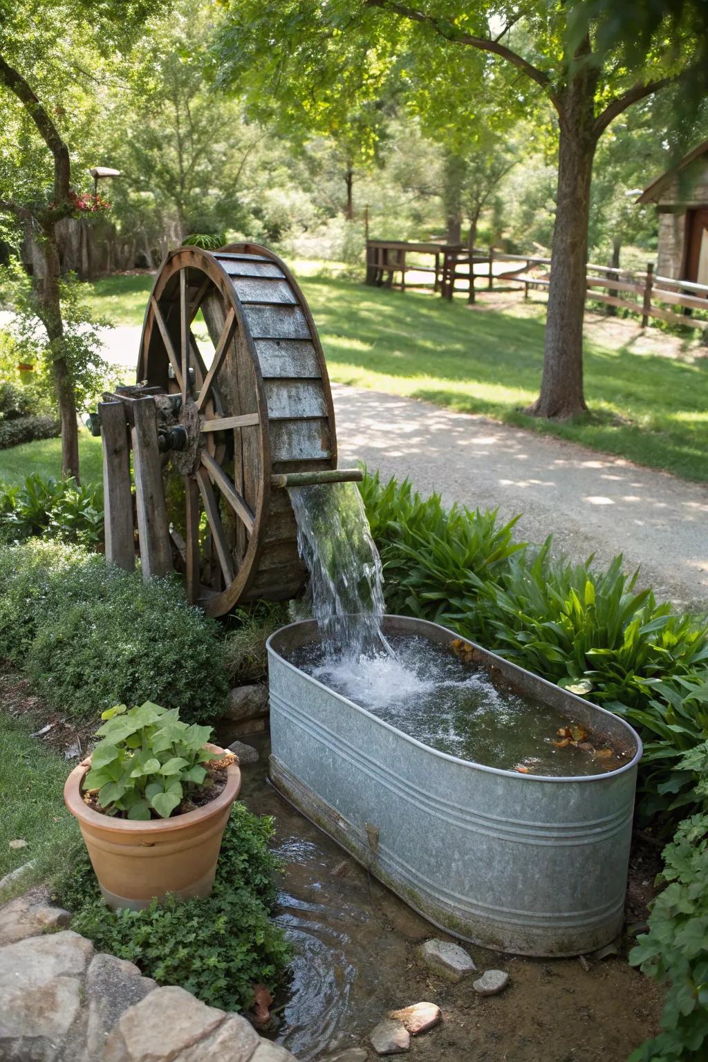 A small water wheel introduces motion to a rustic basin fountain.