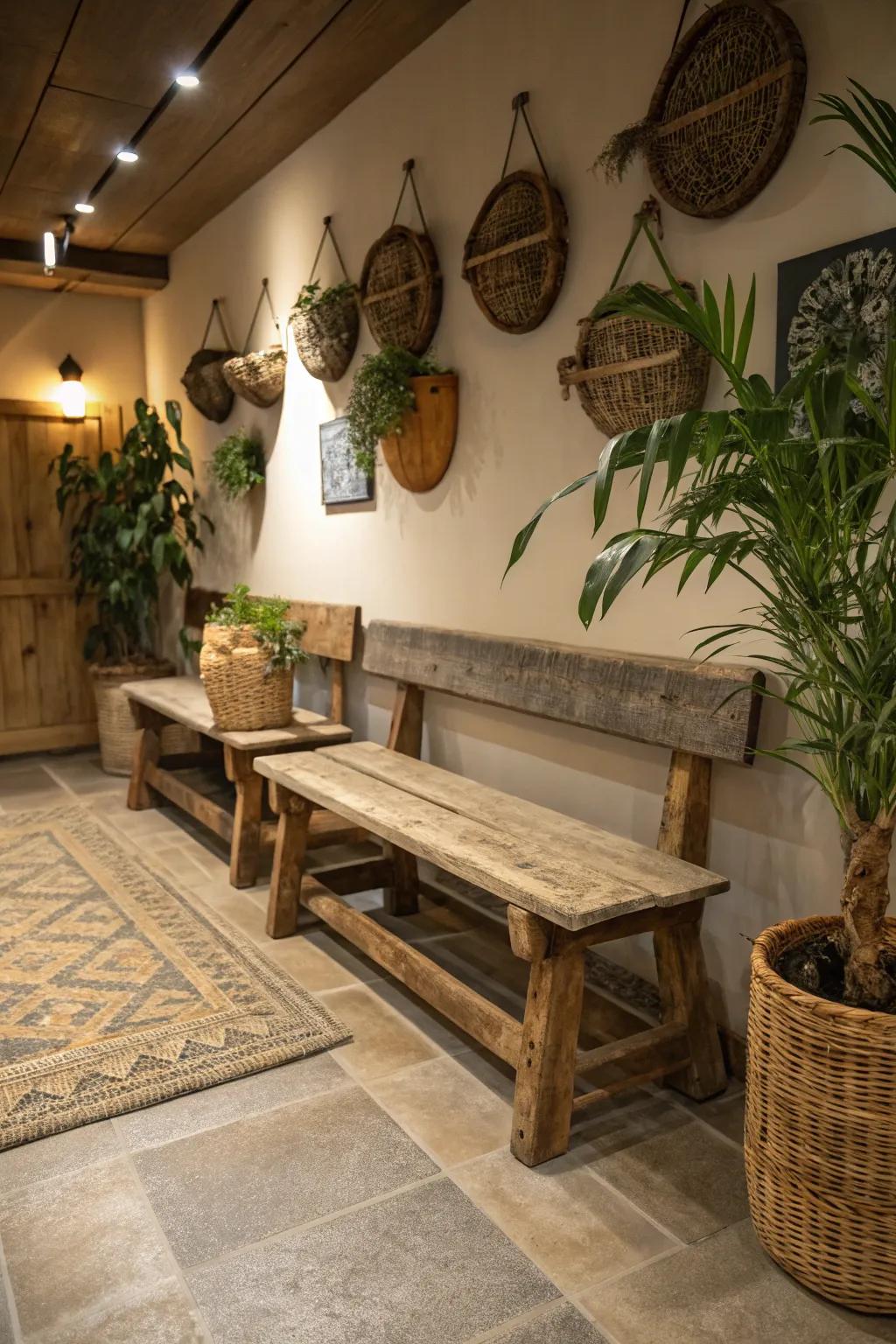 Country benches add a natural warmth to your gaming area.