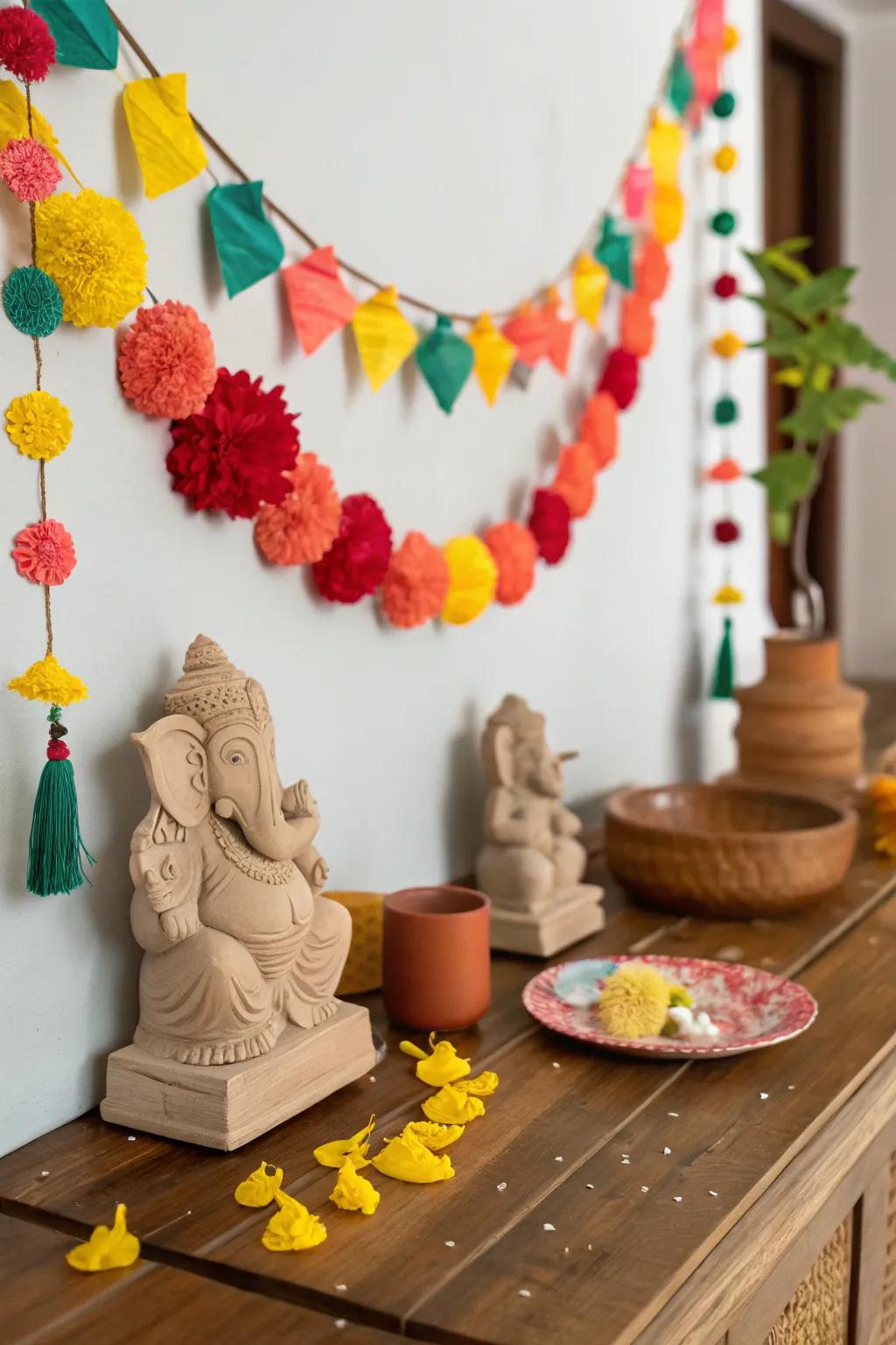 Do-it-yourself crafts such as paper garlands and clay statuettes, impeccable for familial bonding during the festival.