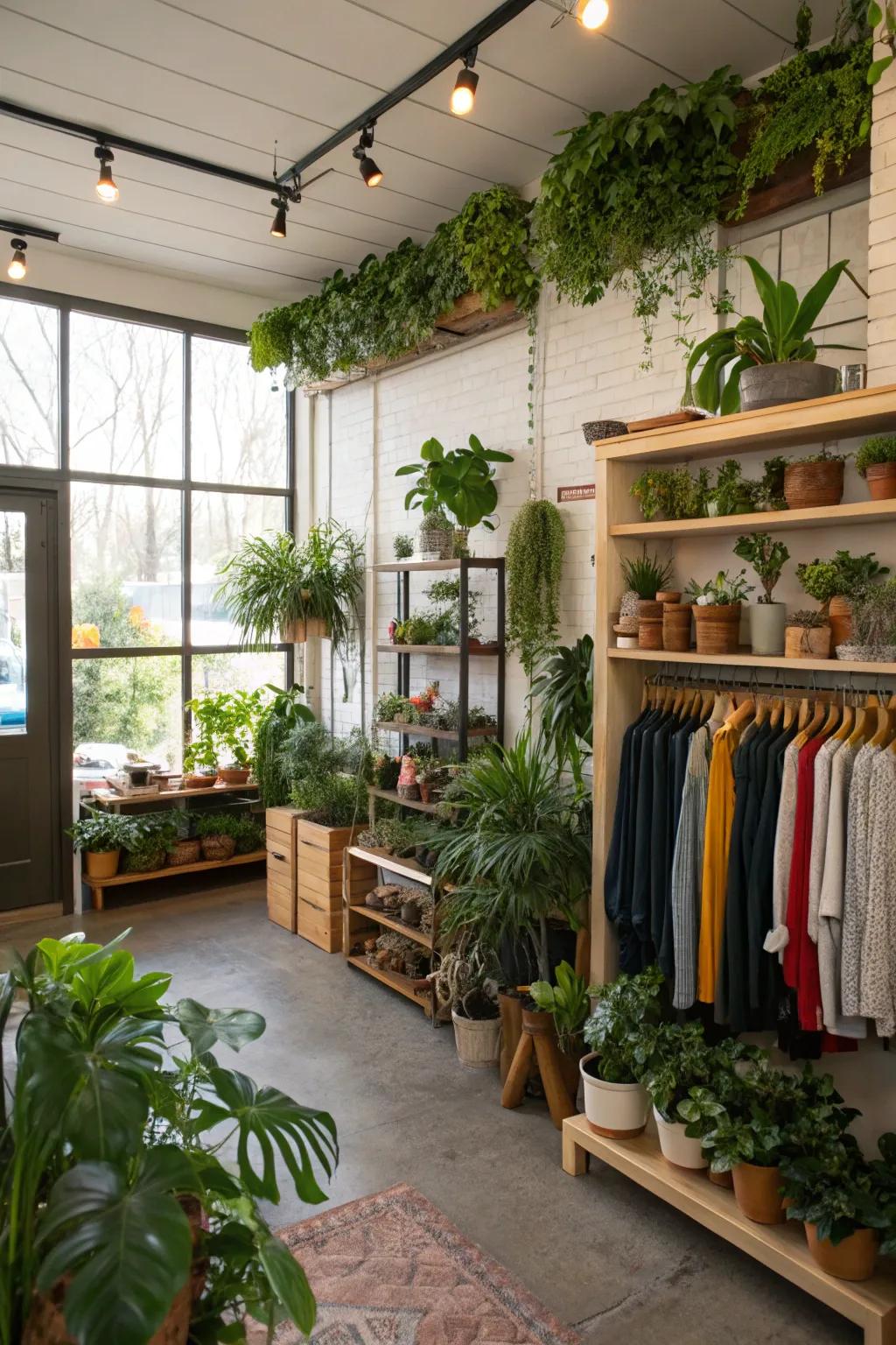 Plants and foliage provide a fresh touch inside a garage boutique.