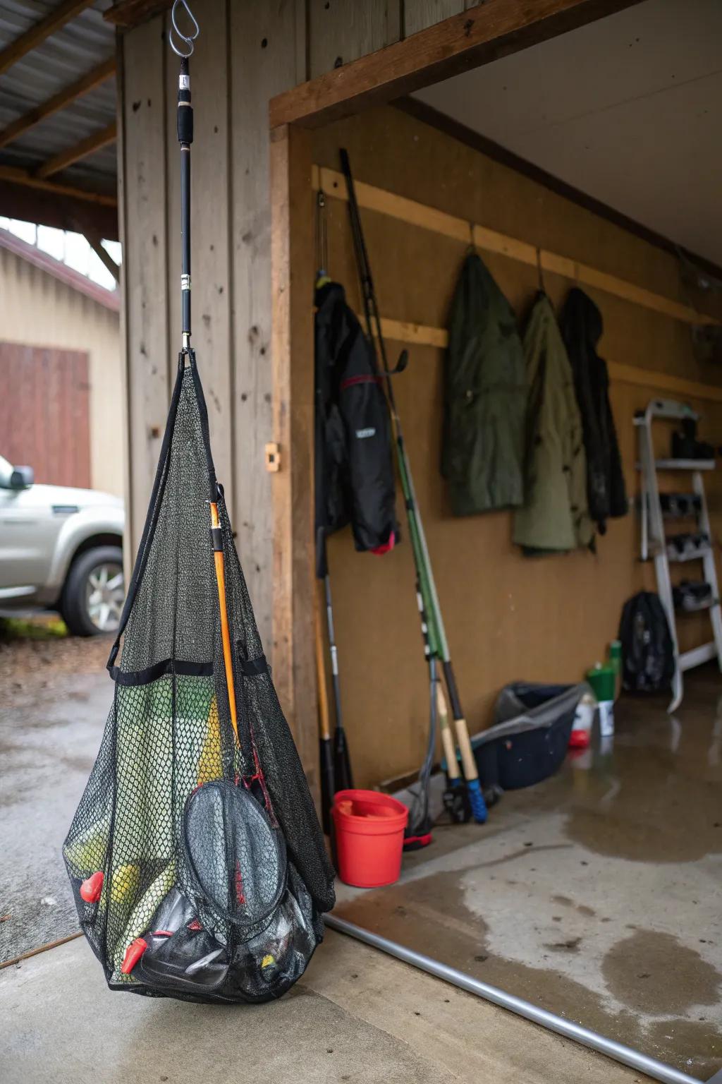 A bag lets wet equipment dry in the garage.