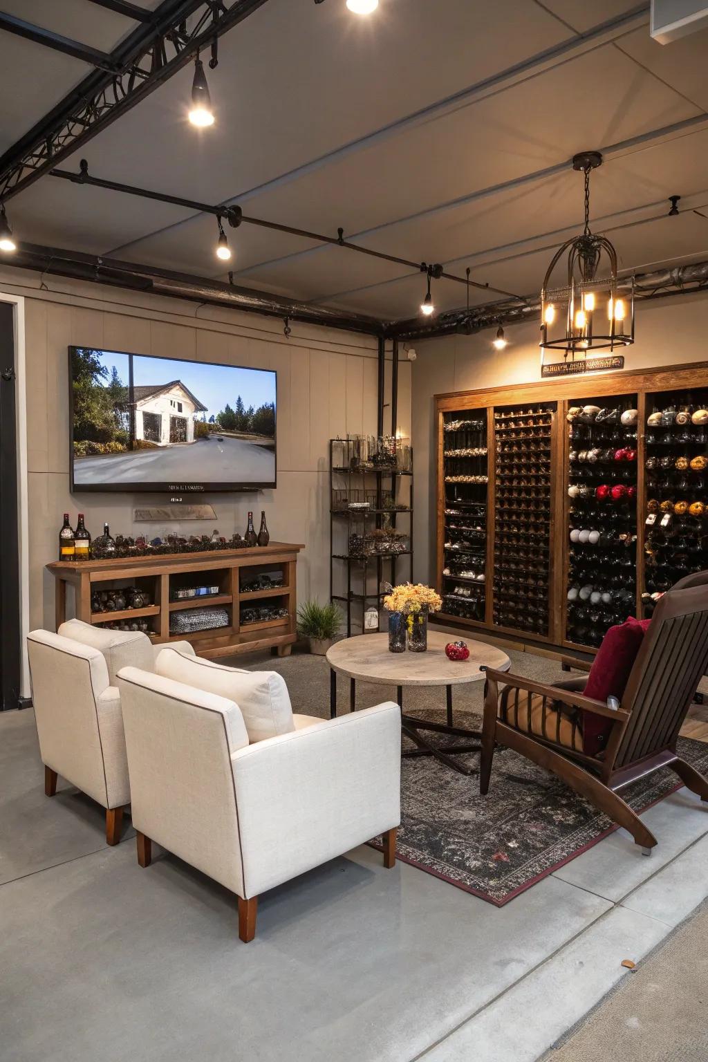 Savor a sophisticated wine sampling lounge featuring a TV setup in your garage.