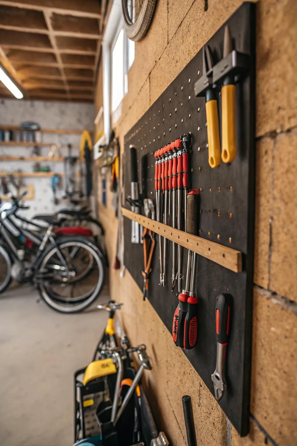Magnetic strips maintain tools organized and readily reachable.