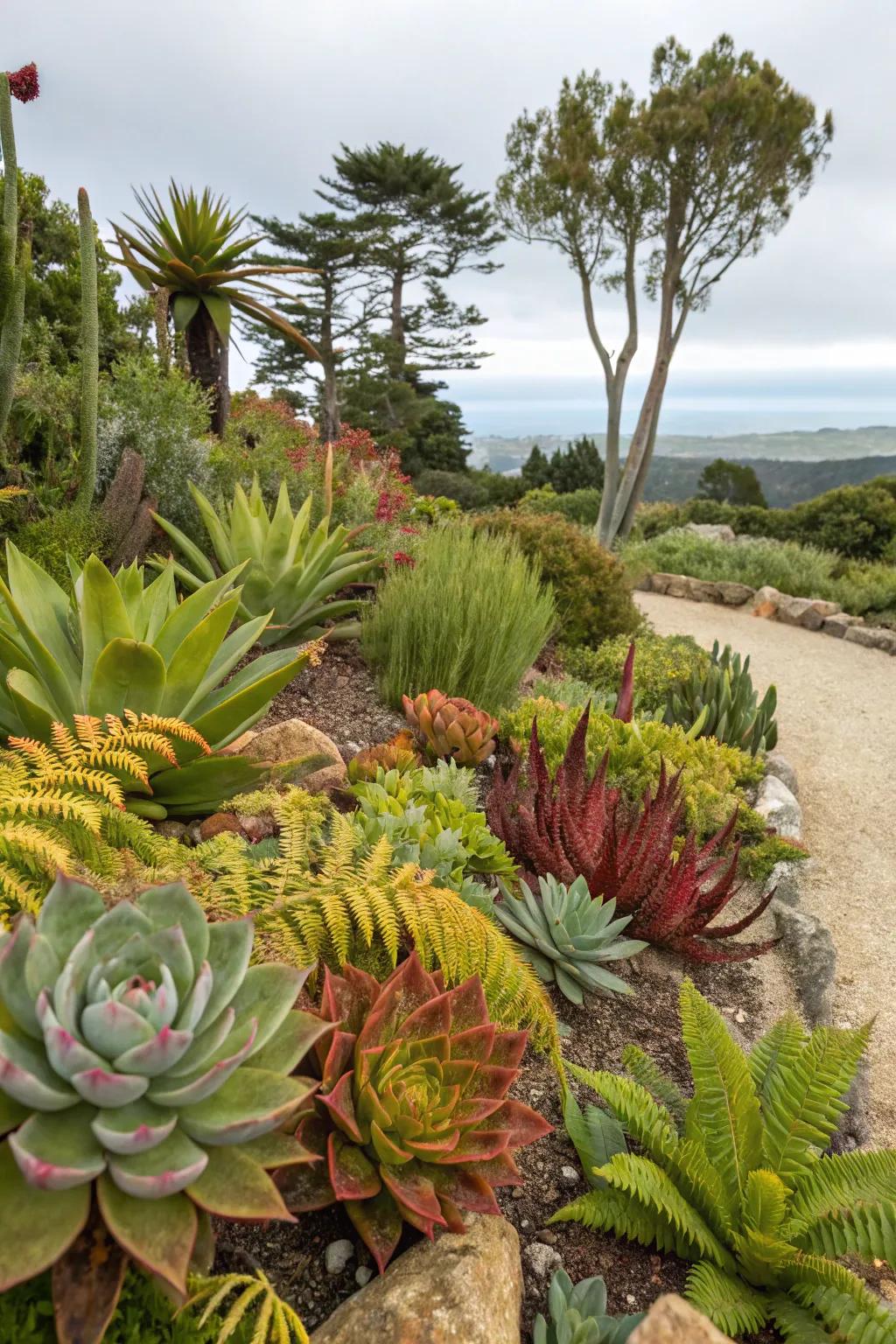 A garden showcasing unique plant types, including succulents and rare ferns.