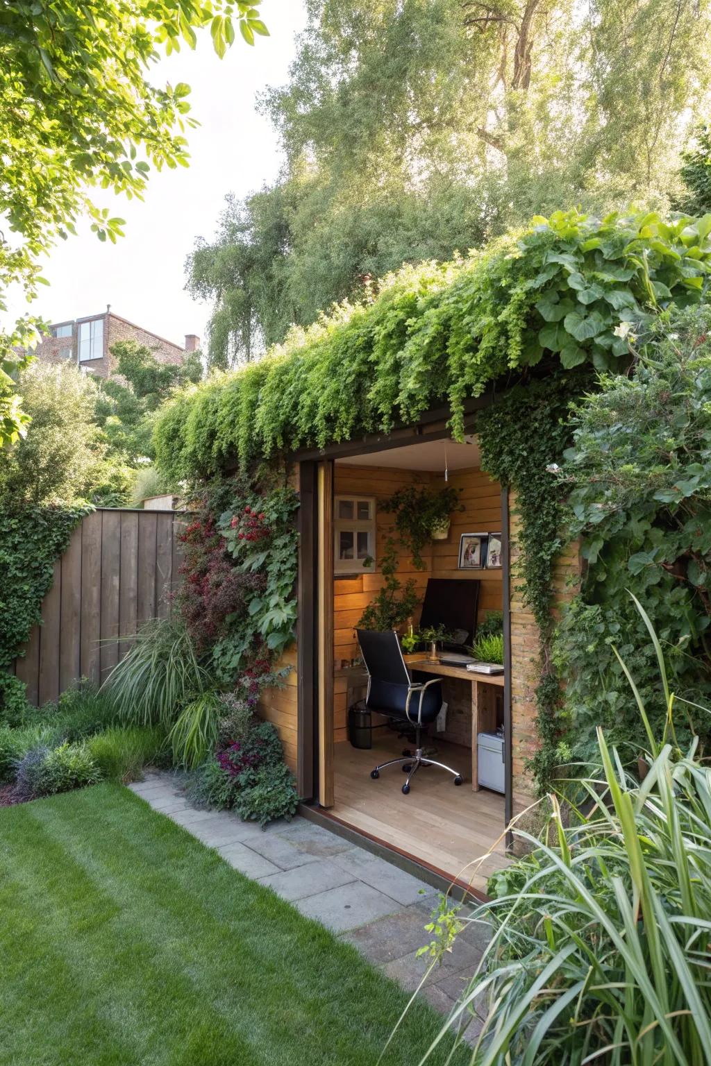 A secret garden office, cleverly hidden behind a green wall.