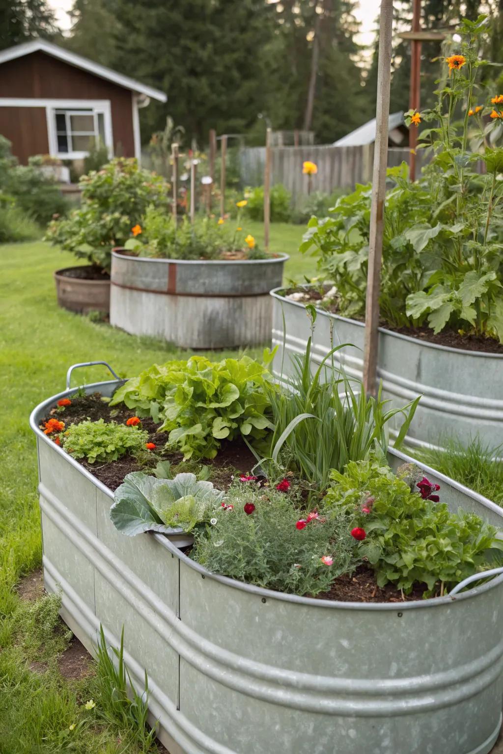 Livestock tanks repurposed as elevated garden beds.