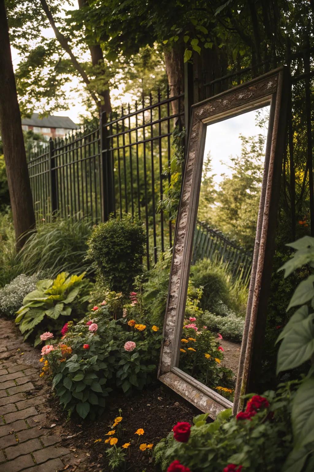 Mirrors in the garden expand expanse and infuse visual intrigue.