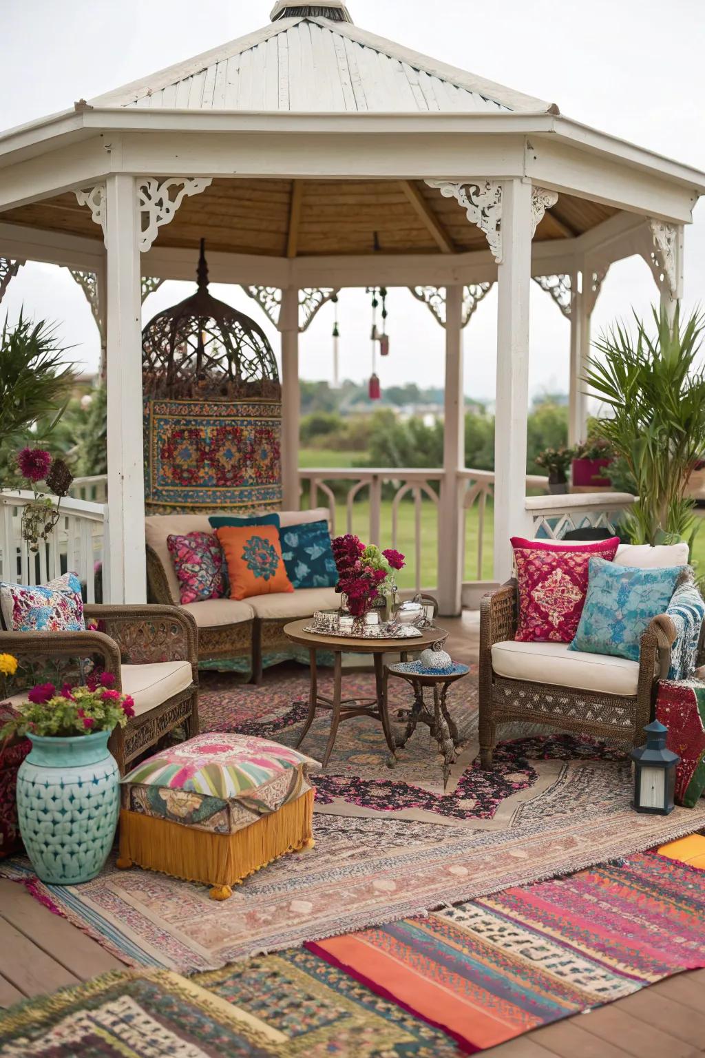 An eclectic mix imparts personality to your gazebo.
