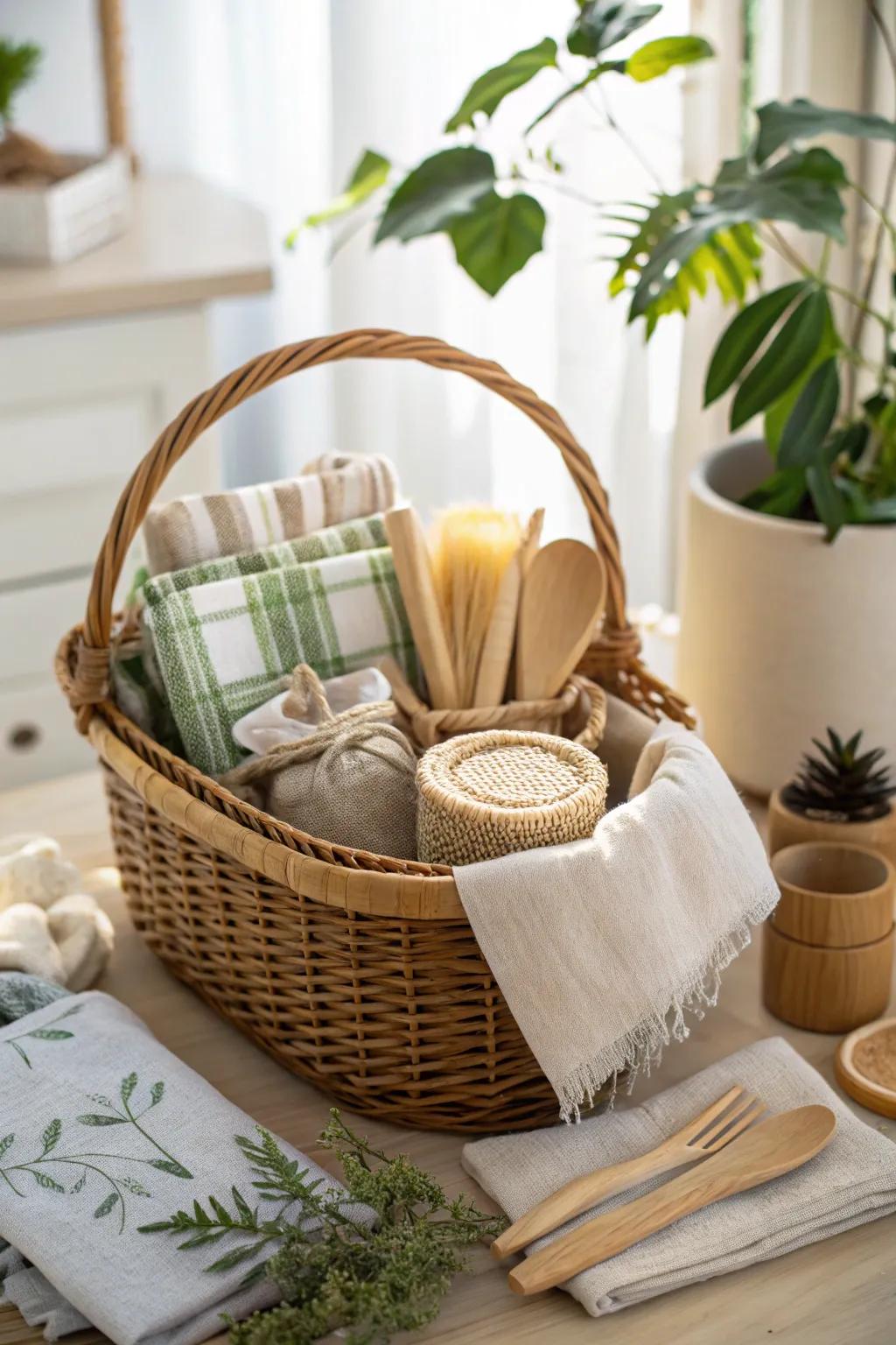 An eco-forward treasure-filled basket presenting sustainable grace.