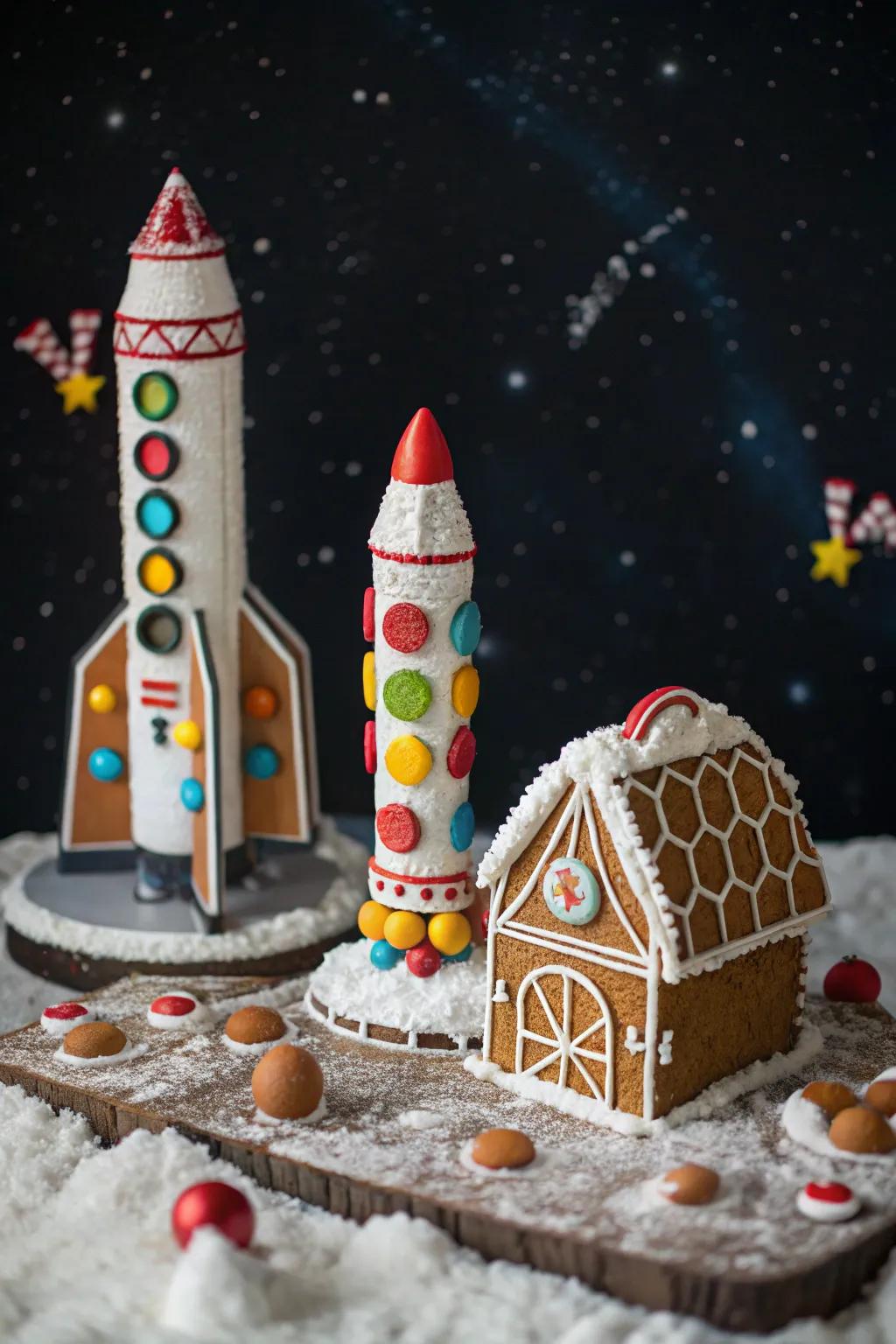 A gingerbread space habitat poised for an extraterrestrial odyssey.