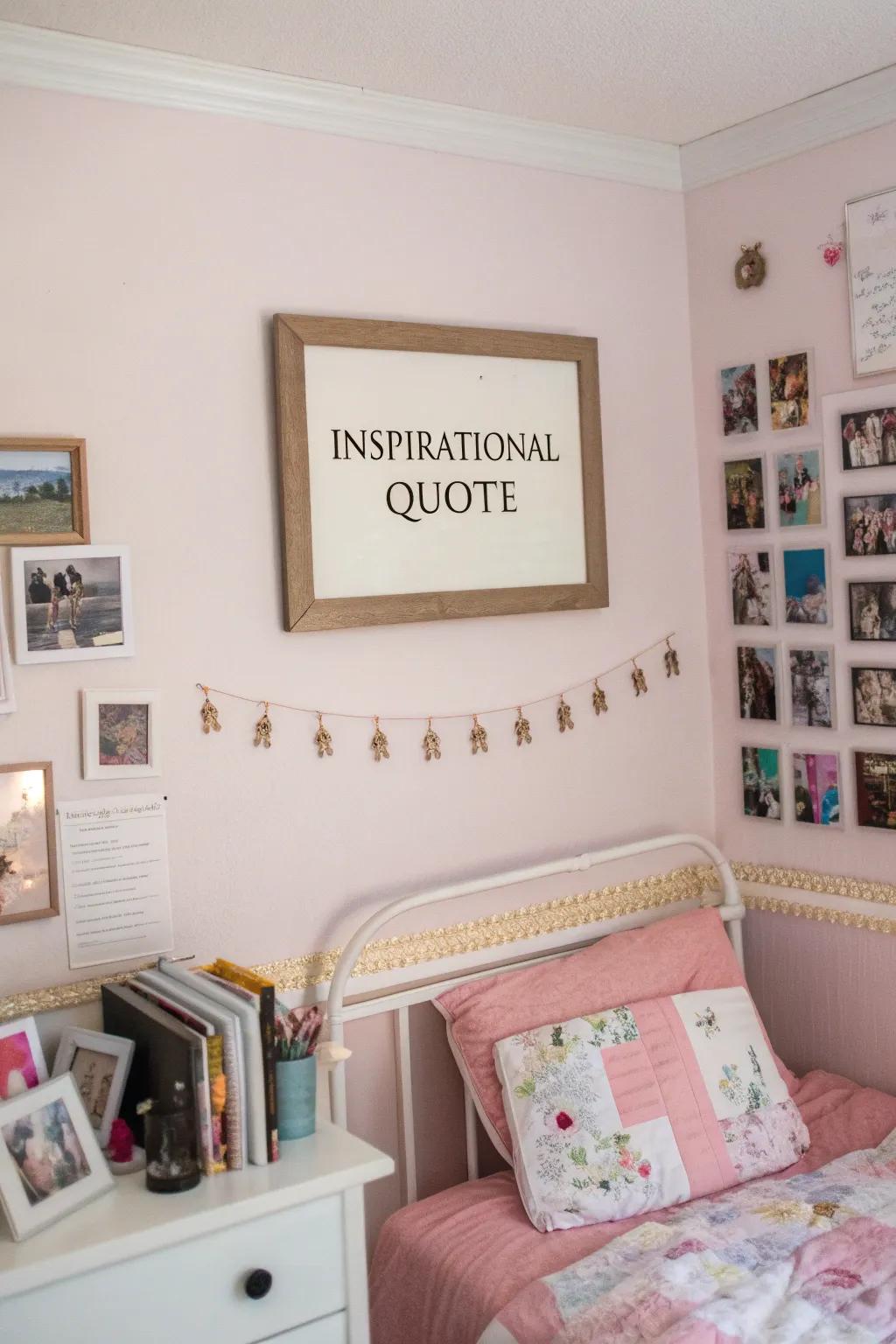 Personalized quotes add inspiration and positivity to the room.