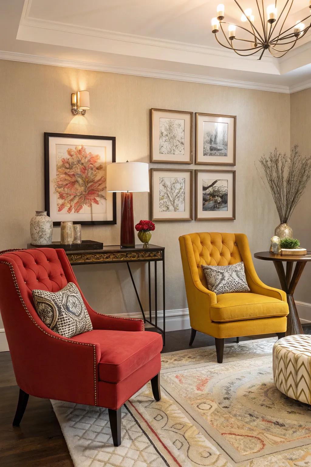 A stylish living space with striking accent seating adding color.